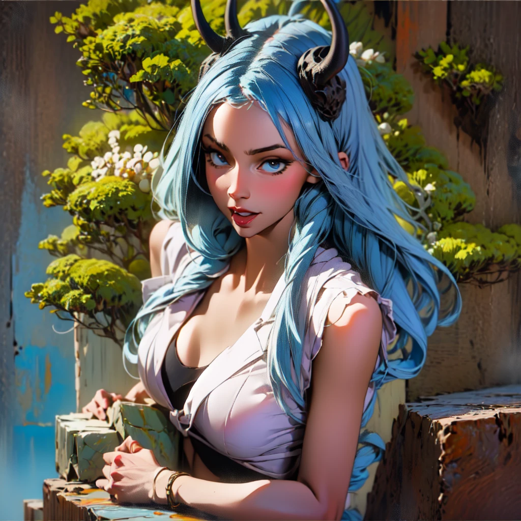 Style-SylvaMagic, award winning character concept art of a beautiful dryad sitting against a citrus tree, in a beautiful orange citrus grove, citrus fruit in trees, amazing body, smiling, happy, laughing, jubilant, light blue hair, golden horns, beautiful gossamer see through dress, blurry_background, breasts, smile, voluptuous, natural lighting, medium_breasts, lips, looking_at_viewer, solo, from above, highly detailed 8k character concept portrait studio lighting, sunlight, beautiful lighting,