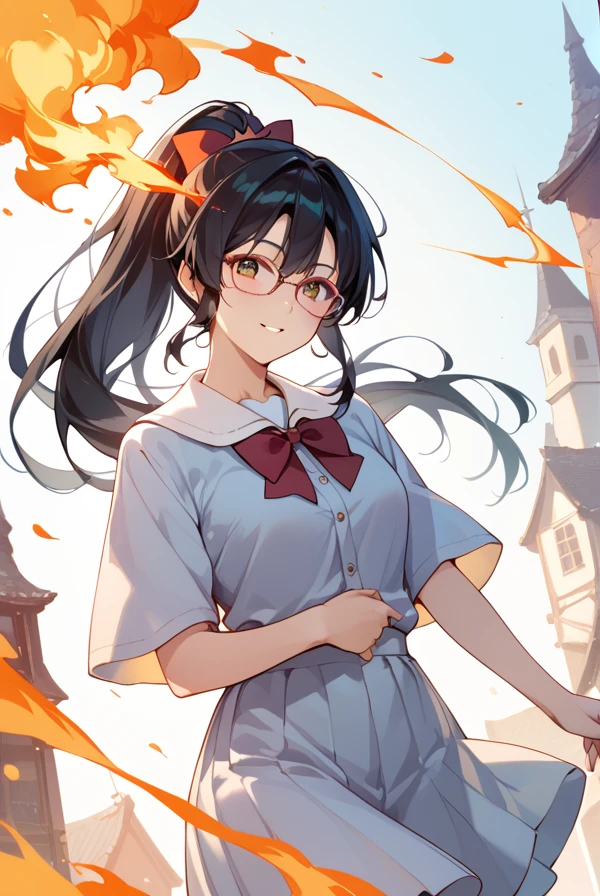  1 girl,Black Hair, long hair, ponytail,Glasses,witch,witch裁判,witch狩り,witchに下す鉄槌 ,Burning at the stake