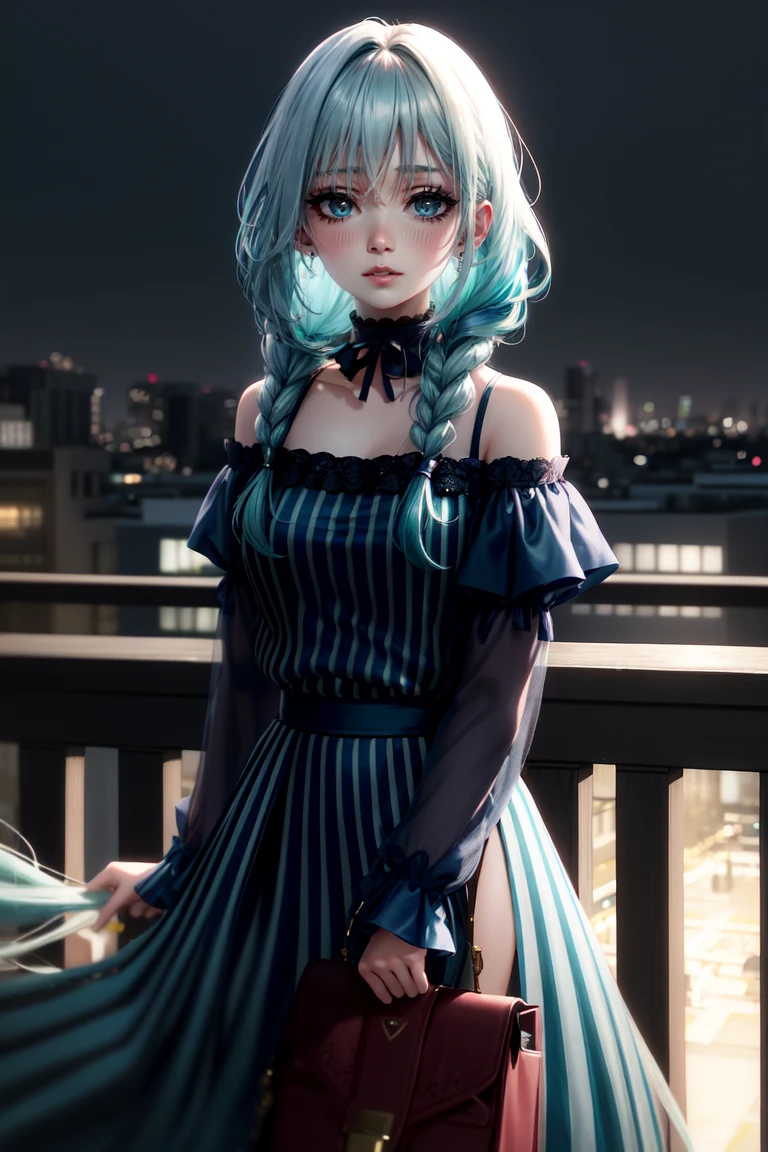 Highly detailed and realistic, upper body, soft lighting, cool tones. A girl with long, flowing hair (gradient of dark blue and teal) sways gently in the wind on a rooftop. Her hair, slightly tousled yet elegant, bathes in soft sunlight, with subtle reflections highlighting the various shades of blue. She has pale, flawless skin, soft makeup, a hint of blush, and her naturally parted lips are slightly open. She looks down and shy, exuding a calm, introspective vibe. She wears a delicate choker and a simple, dark, off-the-shoulder top, and her gentle smile amplifies her atmospheric presence.

The scene is shot from the waist up as if it were shot in 16k, exuding an intimate and candid atmosphere. A rooftop is visible in the background, and the girl stands against a blurred backdrop of minimalist urban structures. A soft breeze blows her long, wavy hair, delicately intertwined with intricate braids, highlighting her dreamy look. Her eyelashes are tinted, enhancing the overall dreamy atmosphere. A rooftop railing and a cityscape in the distance are visible, and the cool ambient light of an overcast sky creates a serene atmosphere. The overall mood is introspective and peaceful, with her multi-colored hair contrasting beautifully with the serene urban backdrop.