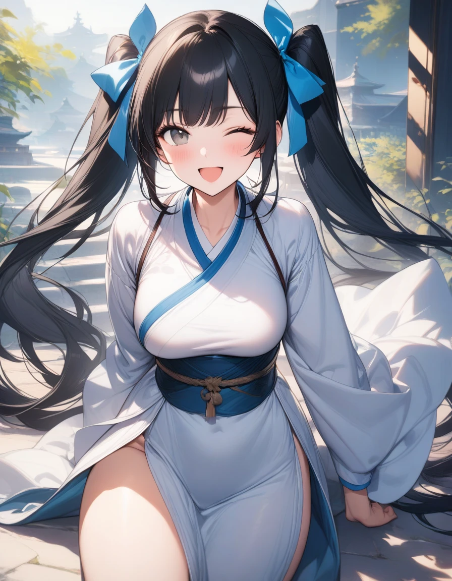 (masterpiece),(best quality),(ultra-detailed),(best illustration),(best shadow),(absurdres),(detailed background),(very aesthetic), 1girl, solo, bangs, (grey eyes), ((twintails, blue hair ribbon)), ((medium breasts)), long hair, wide hips, (((black hair))), white Chinese hanfu, smile, hair ribbon, 32k, hair tie, very long hair, open mouth, smile, long sleeves , one eye closed, 