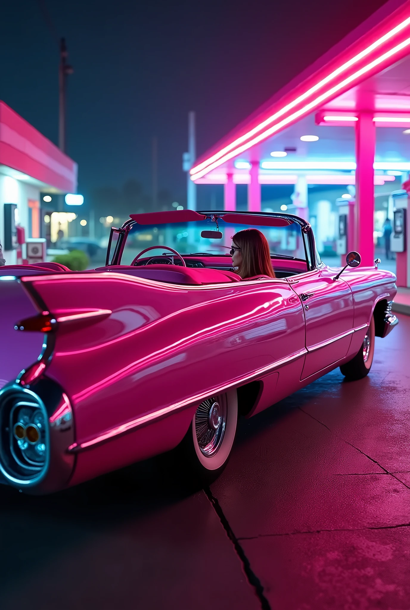 whole image, diagonal photo of a 1959 Cadillac Eldorado Biarritz convertible in shiny polished metal bright pink color, Long Tail, the painting reflects everything around it, cyberpunk style, surrounded by colorful neon light, roda grossa, Golden Wheel, Detalhes em dourado, Woman in sunglasses driving, neon on car paint, reflective paint that reflects everything around it, detailed headlight, very detailed headlight, as detailed as possible, hyper-realistic as realistic as possible, to be&#39;this&#39;It&#39;s in a cyberpunk-style gas station with pink and blue neon lights everywhere,  best quality, CRU, Masterpiece artwork, super fine photo, best quality, super high resolution, photorrealistic, sun lighting, framing the entire car in the photo, incredibly beautiful,, dynamic poses, the car is complete in the image