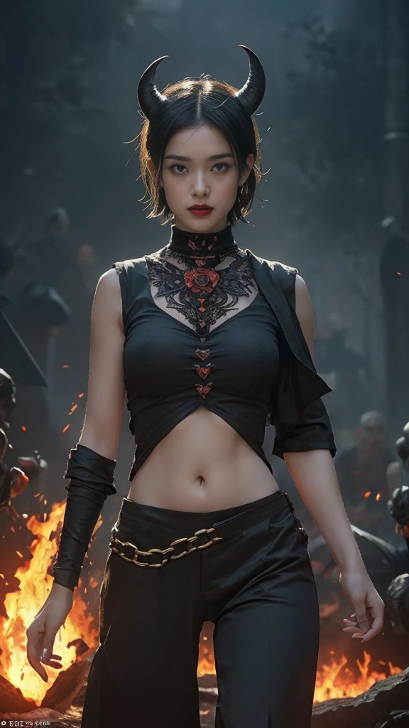  high definition,  anatomically correct ,  Ultra High Definition,  textured skin around the chest, woman、(( black belly short hair parted to the center)), (( with black horns growing on the head 、)),  big breasts at the temple、((( the composition of the moment fire emits magic in a fantasy world))), Muscular、((The background is a demon world engulfed in blazing flames)), (Walking towards me), (The devil's costume is dark all over ), ((( gothic makeup ))),