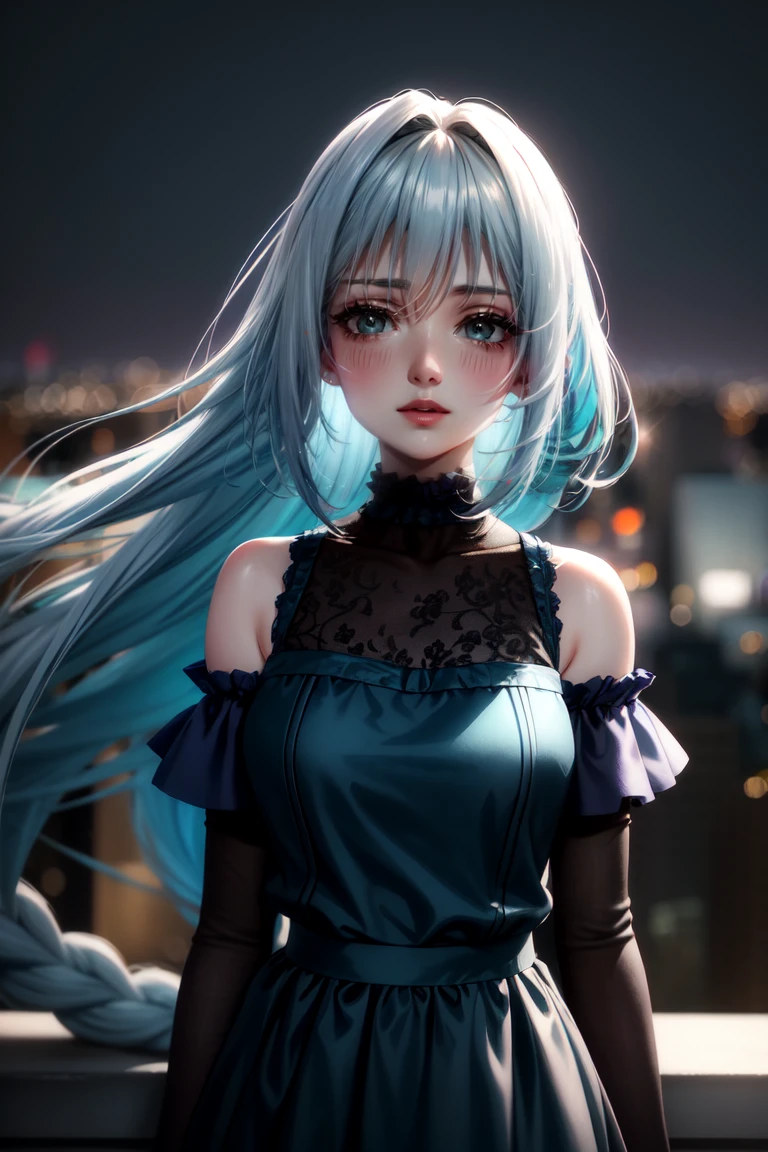 Highly detailed and realistic, upper body, soft lighting, cool tones. A girl with long, flowing hair (gradient of dark blue and teal) sways gently in the wind on a rooftop. Her hair, slightly tousled yet elegant, bathes in soft sunlight, with subtle reflections highlighting the various shades of blue. She has pale, flawless skin, soft makeup, a hint of blush, and her naturally parted lips are slightly open. She looks down and shy, exuding a calm, introspective vibe. She wears a delicate choker and a simple, dark, off-the-shoulder top, and her gentle smile amplifies her atmospheric presence.

The scene is shot from the waist up as if it were shot in 16k, exuding an intimate and candid atmosphere. A rooftop is visible in the background, and the girl stands against a blurred backdrop of minimalist urban structures. A soft breeze blows her long, wavy hair, delicately intertwined with intricate braids, highlighting her dreamy look. Her eyelashes are tinted, enhancing the overall dreamy atmosphere. A rooftop railing and a cityscape in the distance are visible, and the cool ambient light of an overcast sky creates a serene atmosphere. The overall mood is introspective and peaceful, with her multi-colored hair contrasting beautifully with the serene urban backdrop.