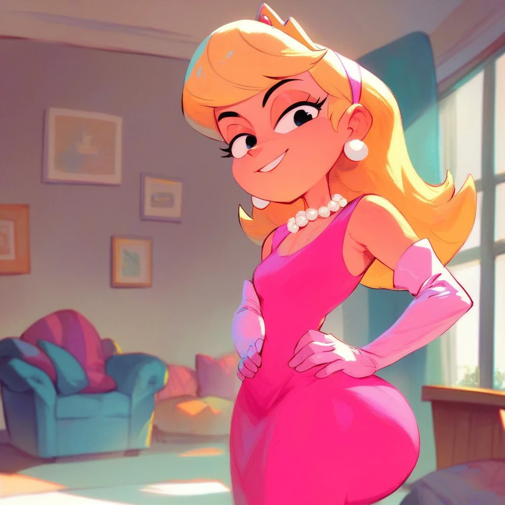 score_9, score_8_up, score_7_up, 1girl, solo, Lola Loud, blonde hair, long hair, black eyes,  looking at viewer, smile,  indoors, living room, hands on hips,  Hot Pink dress, pink gloves, long gloves, pearl necklace, Tiara,huge ass