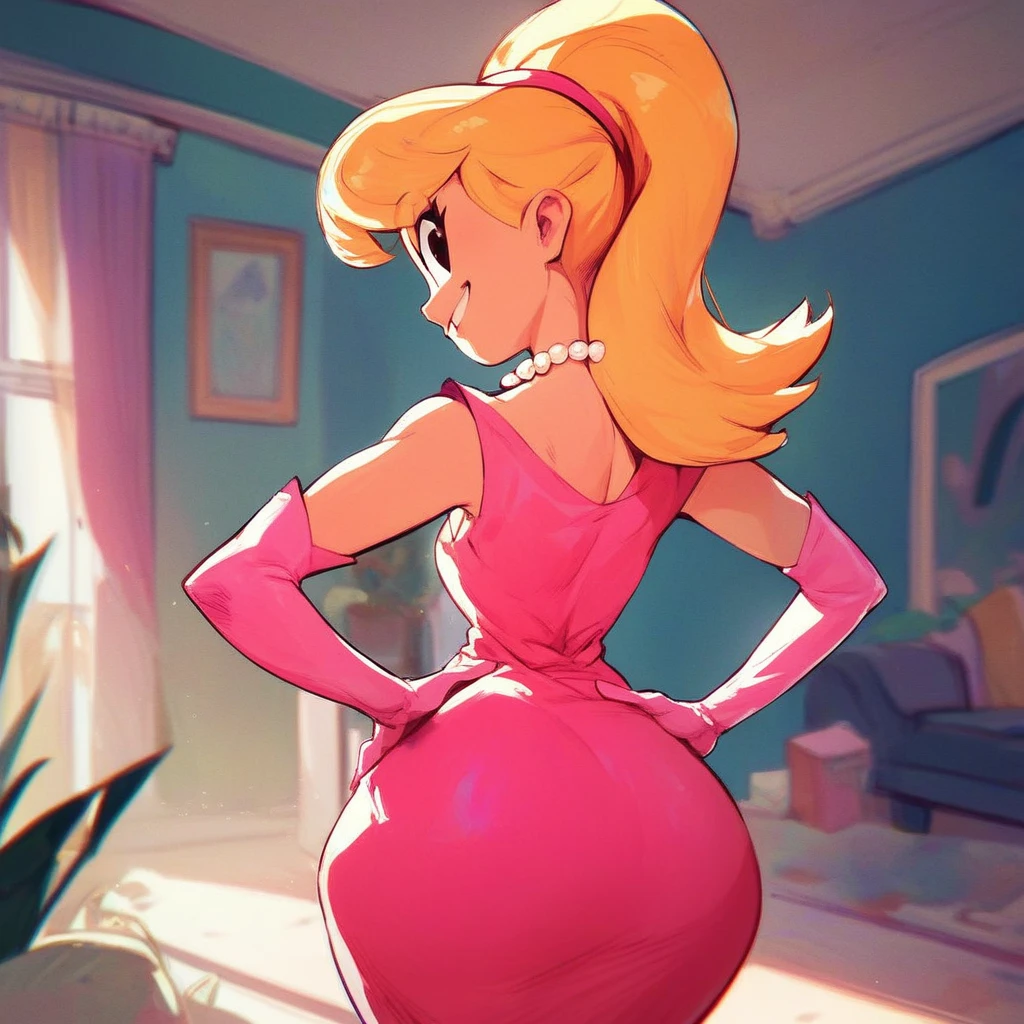 score_9, score_8_up, score_7_up, 1girl, solo, Lola Loud, blonde hair, long hair, black eyes,  looking at viewer, smile,  indoors, living room, hands on hips,  Hot Pink dress, pink gloves, long gloves, pearl necklace, Tiara,huge ass