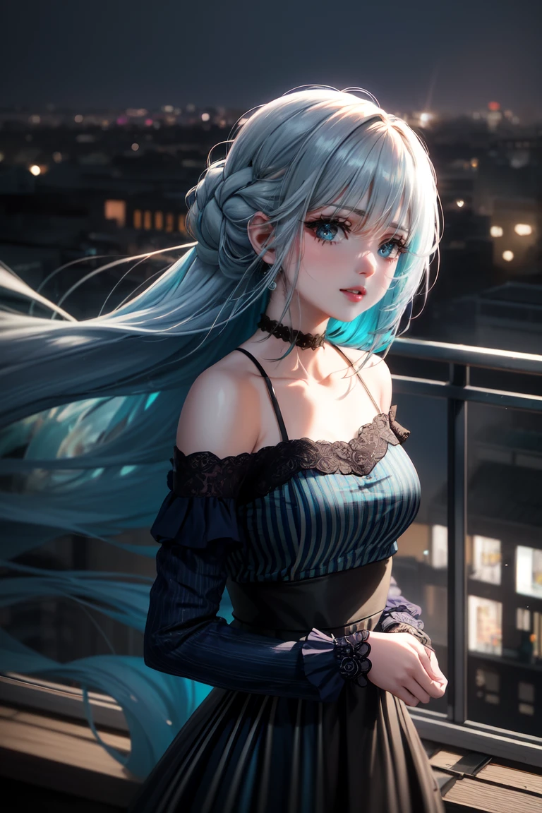 Highly detailed and realistic, upper body, soft lighting, cool tones. A girl with long, flowing hair (gradient of dark blue and teal) sways gently in the wind on a rooftop. Her hair, slightly tousled yet elegant, bathes in soft sunlight, with subtle reflections highlighting the various shades of blue. She has pale, flawless skin, soft makeup, a hint of blush, and her naturally parted lips are slightly open. She looks down and shy, exuding a calm, introspective vibe. She wears a delicate choker and a simple, dark, off-the-shoulder top, and her gentle smile amplifies her atmospheric presence.

The scene is shot from the waist up as if it were shot in 16k, exuding an intimate and candid atmosphere. A rooftop is visible in the background, and the girl stands against a blurred backdrop of minimalist urban structures. A soft breeze blows her long, wavy hair, delicately intertwined with intricate braids, highlighting her dreamy look. Her eyelashes are tinted, enhancing the overall dreamy atmosphere. A rooftop railing and a cityscape in the distance are visible, and the cool ambient light of an overcast sky creates a serene atmosphere. The overall mood is introspective and peaceful, with her multi-colored hair contrasting beautifully with the serene urban backdrop.