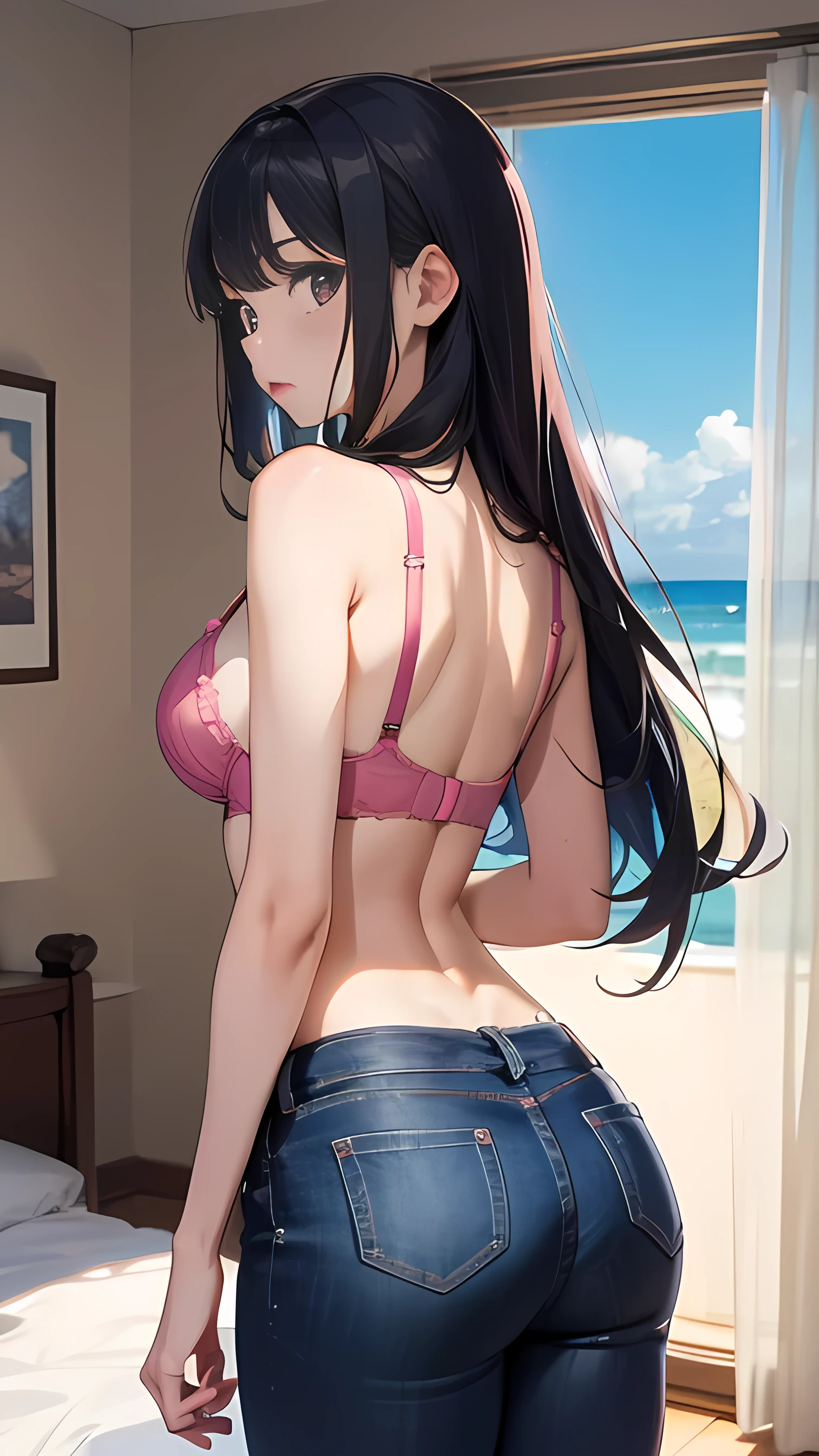 Vista frontal, (obra maestra, La mejor calidad), (only 1 girl: con cabello rosado, face symmetrical, cuerpo perfecto, sujetador deportivo color rosa franjas verticales blancas), (shorts de mezclilla), dormitorio, muslos rayados, Rear solar lighting, detalles intrincados, image with professional Canon EOS camera and 50mm lens