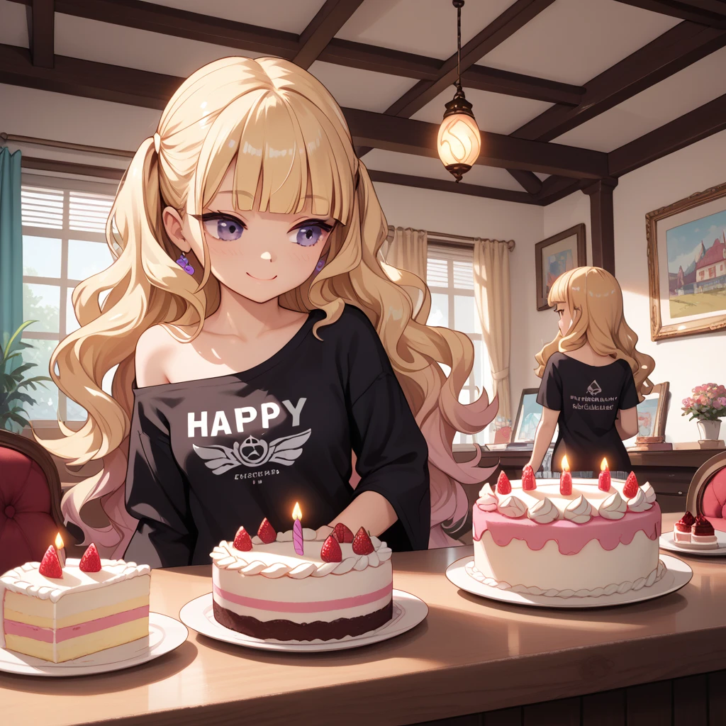 3girls, from a distance, far away, long shot, smile, behind a table, birthday cake, solo, solo, perfect purple eyes, small breasts, blonde hair, blunt bangs, long hair, wavy hair, black t-shirt, striped long sleeves, off shoulder, apartment, masterpiece quality, ultra HD, 4K, best quality,