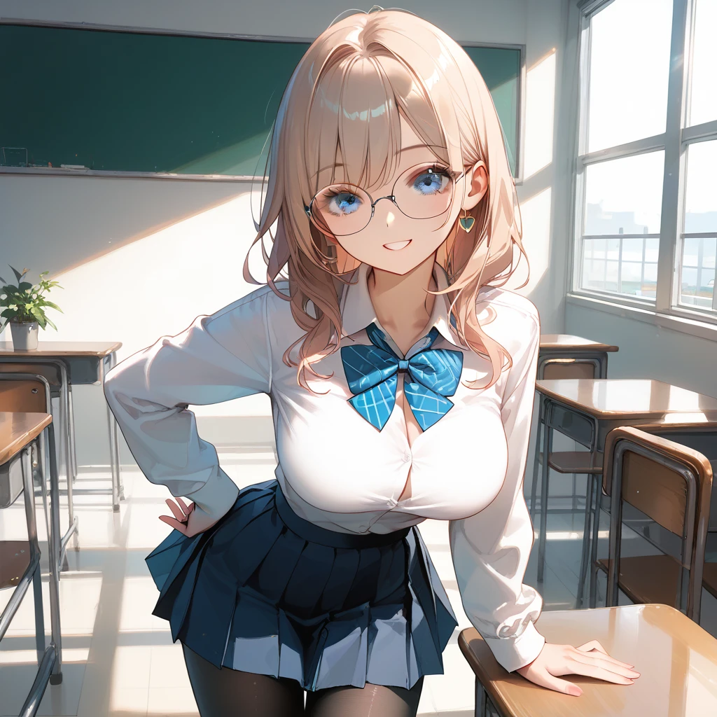   score_9,  score_8_up,  score_7_up,Top quality anime,,masterpiece,  1 girl,slim,  big breasts,(  Ideal slender proportions),(black_length_hair,Straight_Front hair,  school uniform ,matted black tights),(,joy:1.2)、 Libraries 、Barely、Glasses、Bronze Hair、 blue eyes 