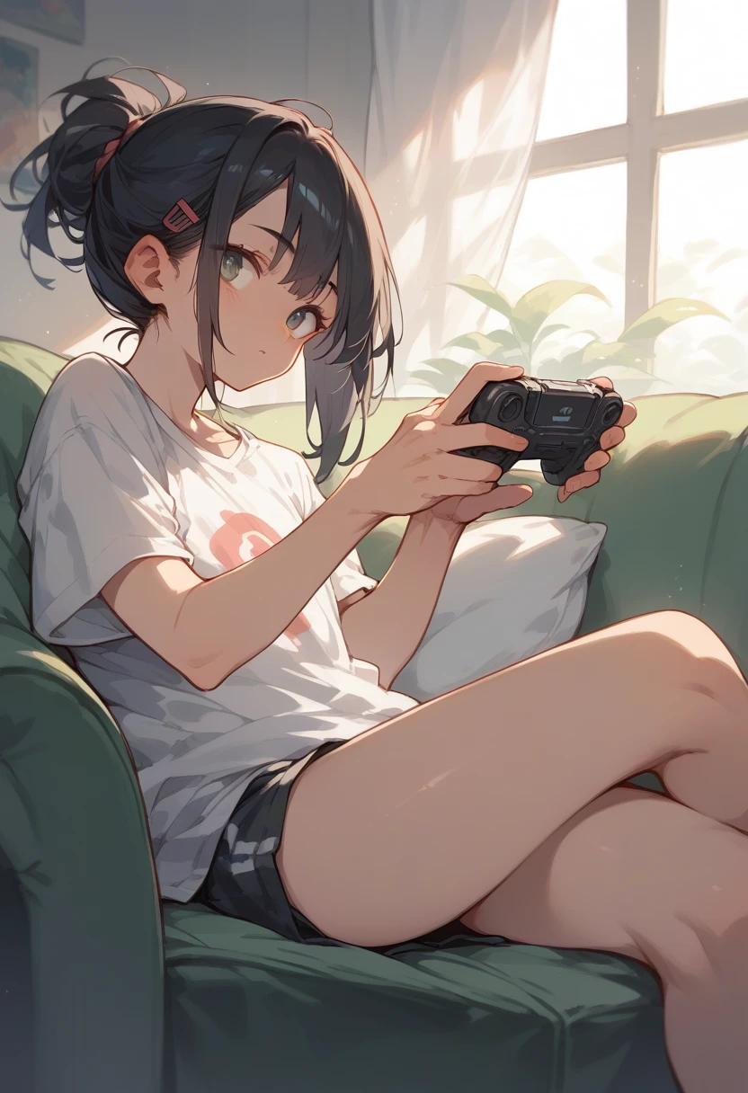 A girl sitting on the big couch,  playing video games, (  black hair )  teenager.