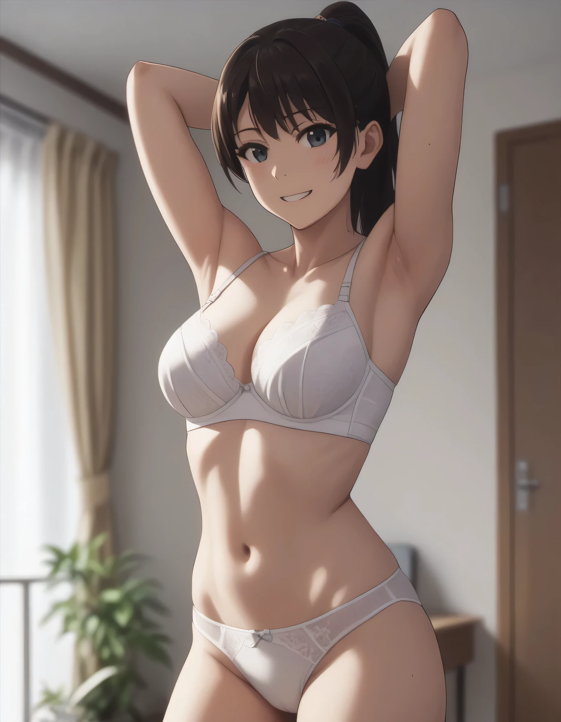 score_9, score_8_up, score_7_up, gsfghtr, white bra, white panties, 1girl, smile, hands behind head, armpit, indoors