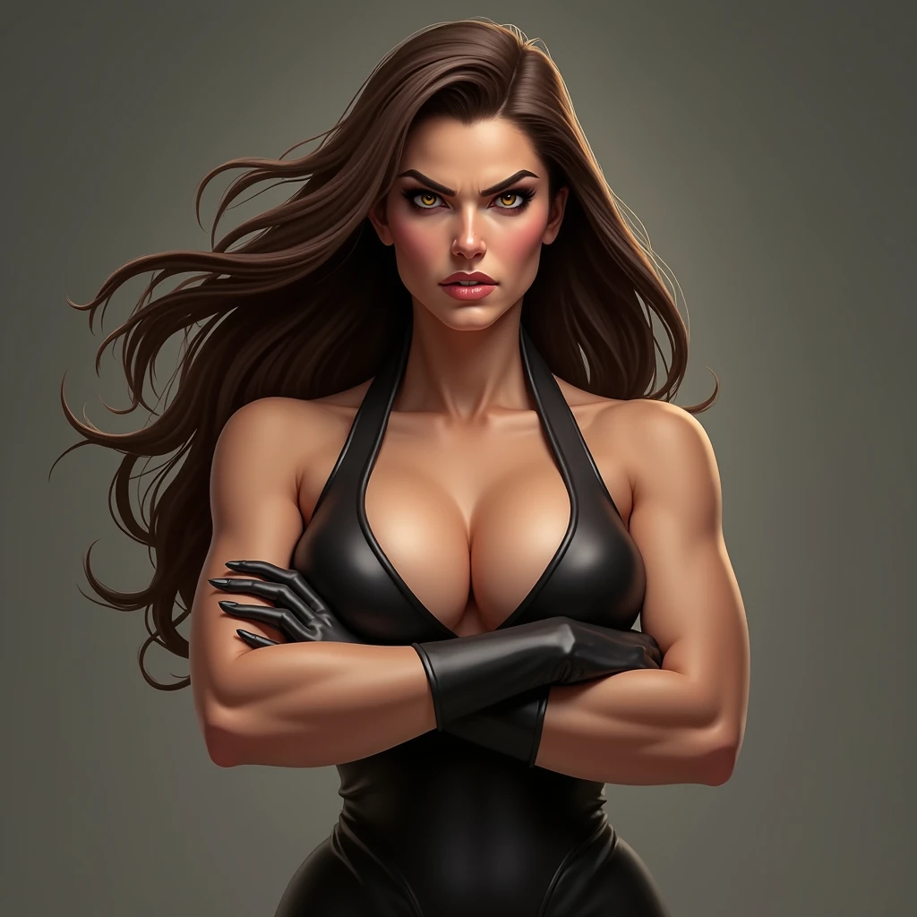 pretty female werewolf, brown hair, bright yellow eyes, muscular body, light makeup above the eyes,
Using military clothes, sfw, holding a handgun, close portrait, realistic drawing