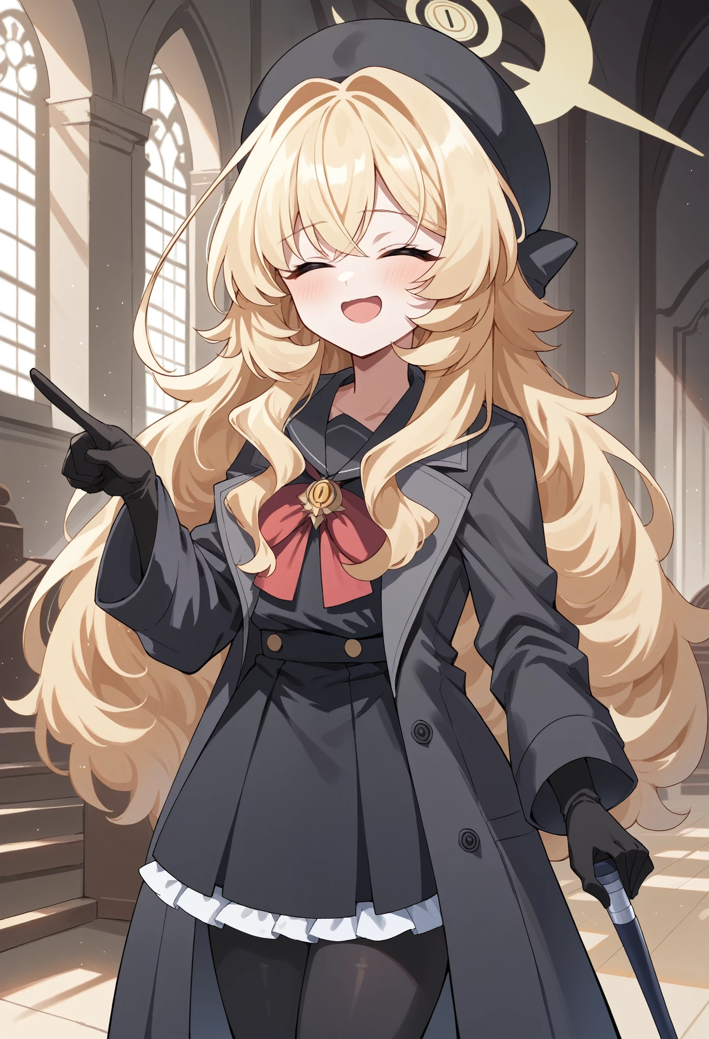 1girl, long hair, messy hair, sidelocks, blonde hair, serafuku, ribbon, brooch, coat, frills, hat, gloves, pantyhose, holding cane, halo, closed eyes, chestnut mouth, smug, open mouth, pointing up, indoors, mansion, cowboy shot score_9, score_8_up, score_7_up, score_6_up, score_5_up, score_4_up, BREAK source_anime, masterpiece