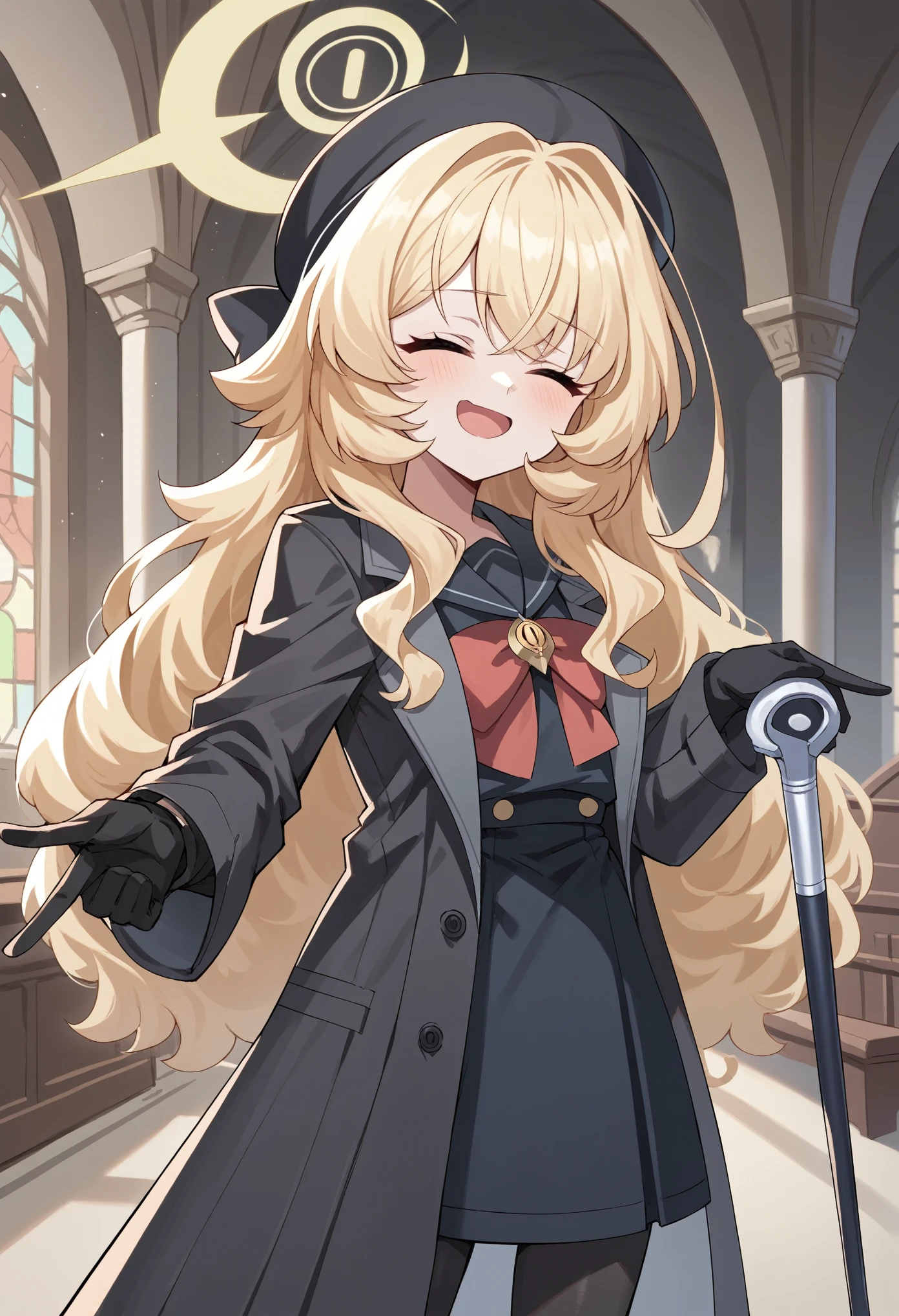 1girl, long hair, messy hair, sidelocks, blonde hair, serafuku, ribbon, brooch, coat, frills, hat, gloves, pantyhose, holding cane, halo, closed eyes, chestnut mouth, smug, open mouth, pointing up, indoors, mansion, cowboy shot score_9, score_8_up, score_7_up, score_6_up, score_5_up, score_4_up, BREAK source_anime, masterpiece