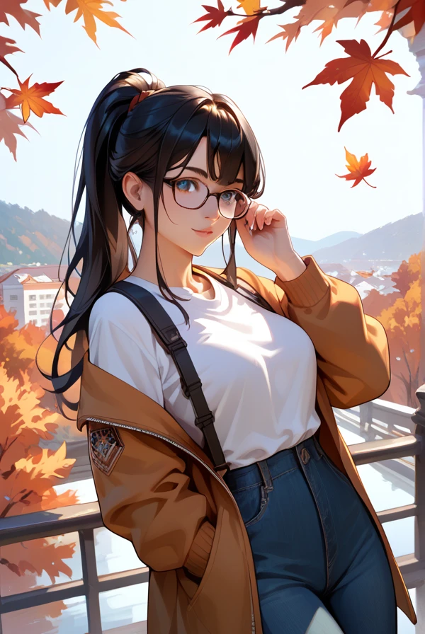  1 girl,Black Hair, long hair, ponytail,Glasses,autumn leaves,Riverbank,stroll