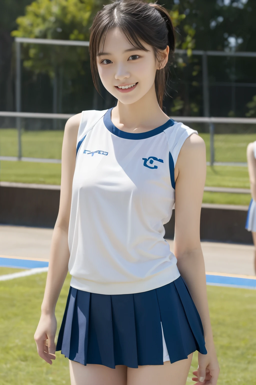 top-quality、​masterpiece、hight resolution、4K、real  17years old woman、cheer girl、cheerleaders、a miniskirt、a smile、Hairstyle is ponytail、1girl in、(transparent nipples:1.1)