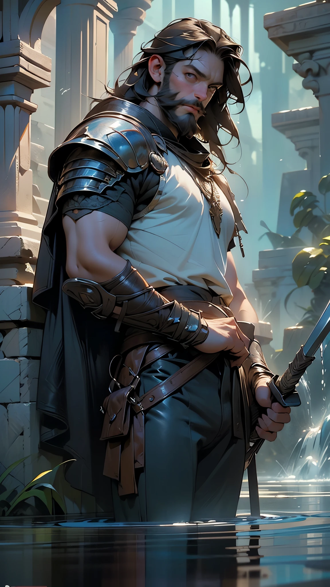 ((male dwarf:1.5,1dwarf:1.5,male dwarven,,very robust)),,((long beard,long hair,graying ginger beard,very long beard,,brown hair,brown beard,long beard)),(barbarian,tattoo),(fierce expression),(((short stature:1.5, big nose))),a very strong fantasy dwarf, sooty skin, long and thick beard and mustache, very stout, steely eyes, ugly face, very muscular, wearing sleeveless leather armor, armor spikes, gruff expression, holding a large maul hammer, wearing a tool belt,piercing gaze,

(((brown_eyes:1.3))),intricate eyes,symmetrical eyes, 

((leather armor,cape,majestic,madness,old-fashioned)),giant hammer, war hammer,((black pants,bulge in pants)),

(dynamic pose:1.0),(centered,scale to fit dimensions,Rule of thirds,cowboy shot),

((beautiful bath house made of greek marble and pillars, beautiful clear water in pool)),scenery:1.25,((intricate scenery)),((greek temple background)),(Glossy dwarf ornaments),

highres,sharp focus,(ultra detailed,extremely detailed),(photorealistic artwork:1.37),(extremely detailed CG unity 8k wallpaper),(((vibrant colors,vibrant theme))),(intricate,dramatic lighting,spotlight,backlighting),(masterpiece),(best quality),artistic photography,(photography taken by sldr),(intricate background),((intricate detail)),(((realism))),Deep Colors,dark fantasy art,Deep Colors,dark fantasy art,

