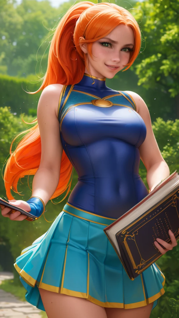 (best quality, ultra-detailed, photorealistic: 1.39), detailed lighting, soft features, vibrant colors, 1girl, High Resolution, Looking at viewer, bright lime green eyes, orange hair, Masterpiece, Anatomically Correct, Best Quality, Super Detailed, Ponytail, Smile, Teeth, blue skirt, blue crop top, smooth shading, outdoors, full body shot, holding books