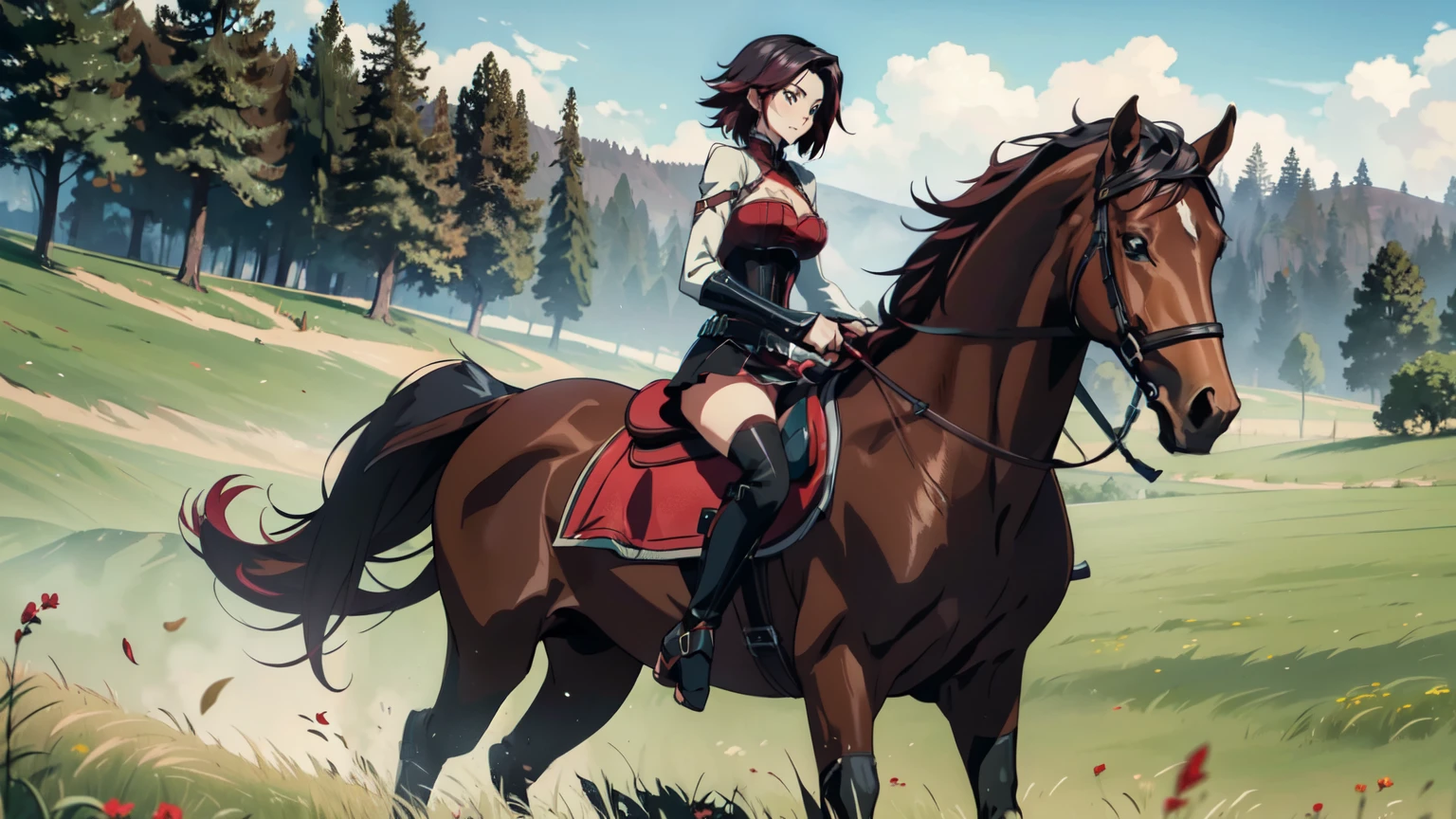 ((best quality)), ((masterpiece)), (high detailed), 8k, codeGeass, cinematic lighting, perfect face, large breast, cleavage, ruby rose riding a HORSE, (ruby rose, short hair, gradient hair, {black hair, red hair}, silver eyes), (red breastplate, shoulder pads, black miniskirt, stockings, black boots), (brown horse, saddle, reins, bridle, stirups), solo, in the grassland, both hand holding rein, from side: 1.2, anatomically correct 