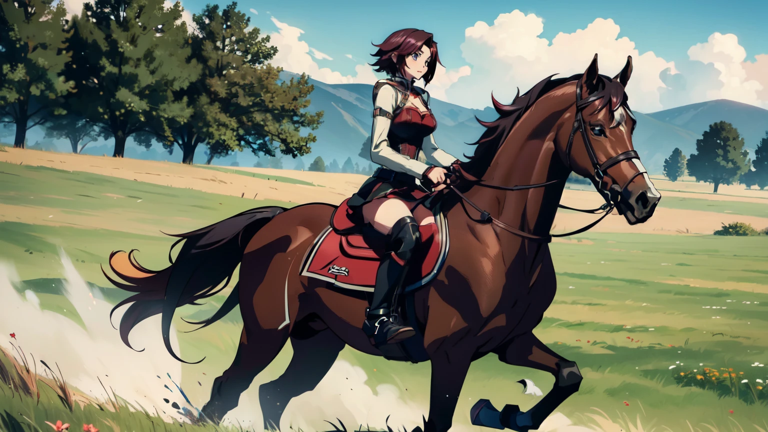 ((best quality)), ((masterpiece)), (high detailed), 8k, codeGeass, cinematic lighting, perfect face, large breast, cleavage, ruby rose riding a HORSE, (ruby rose, short hair, gradient hair, {black hair, red hair}, silver eyes), (red breastplate, shoulder pads, black miniskirt, stockings, black boots), (brown horse, saddle, reins, bridle, stirups), solo, in the grassland, both hand holding rein, from side: 1.2, anatomically correct 