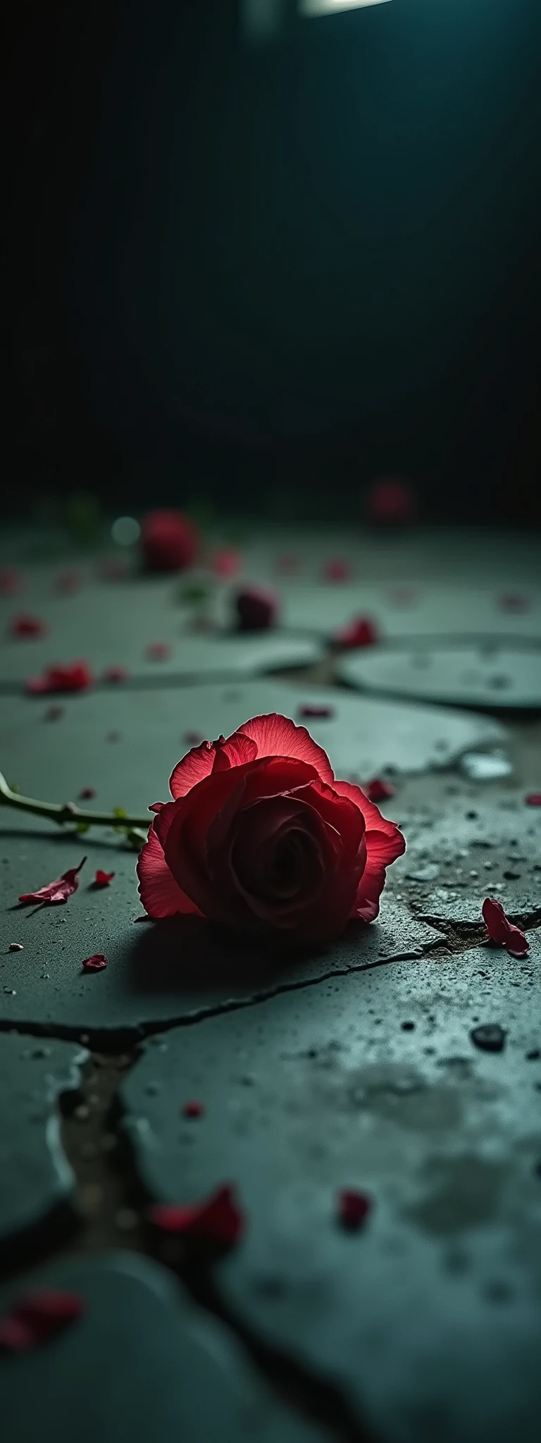 In the darkness, a tattered and withered and scattered single rose is placed, faint beautiful light illuminates the rose beautifully. Feel something has ended. lonely atmosphere. quiet atmosphere. scene of a moving film appeals to the heart.