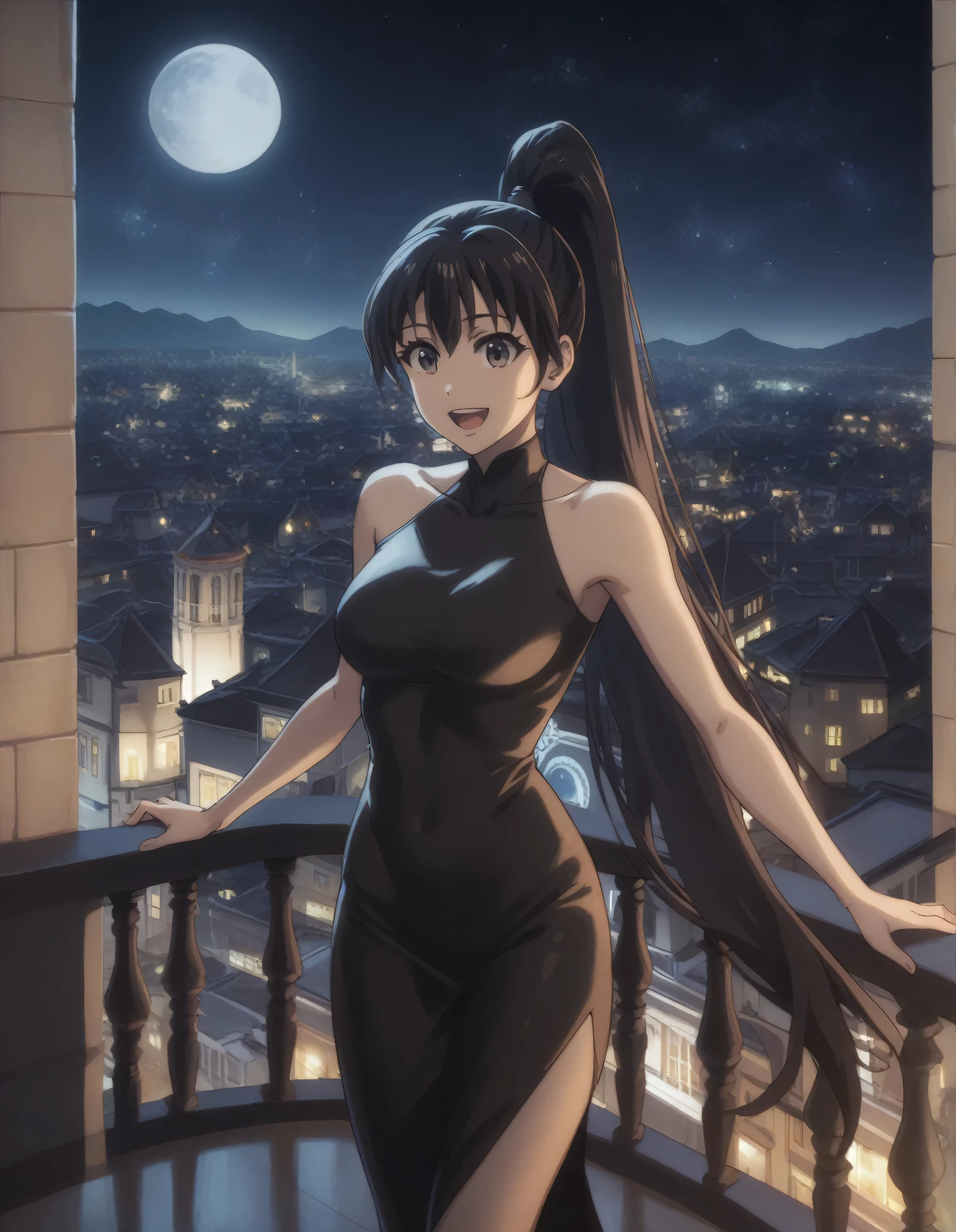 score_9, score_8_up, score_7_up, gsfghtr, long ponytail hair, black hair, thin bodycon dress, 1girl, sweet smile, open mouth, night, building balcony, balcony, city view, moon, starry sky,