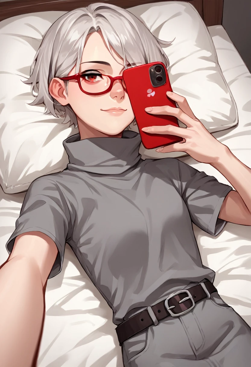 score_9, score_8_up, score_7_up,
josha lying in bed, wearing gray tunic with puffy short sleeves, selfie, belt, red eyes, red-framed eyewear, high collar, silver hair, 
source_anime, rating_safe, 