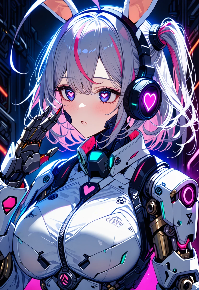 1girl, cyborgs style, big breast, upper body close up, rabbit ear head phone, gas mask with neon RGB color, white combat suit, strip light, hand hi 5 around the face, beautiful img, (mechanical element:1.7), best fit, streaked hair, hair one side up, huge ahoge, heart-shaped pupils, thinking, (high detail:1.3), (masterpiece:1.3), anatomically correct, textured skin, 4K UHD,nitz