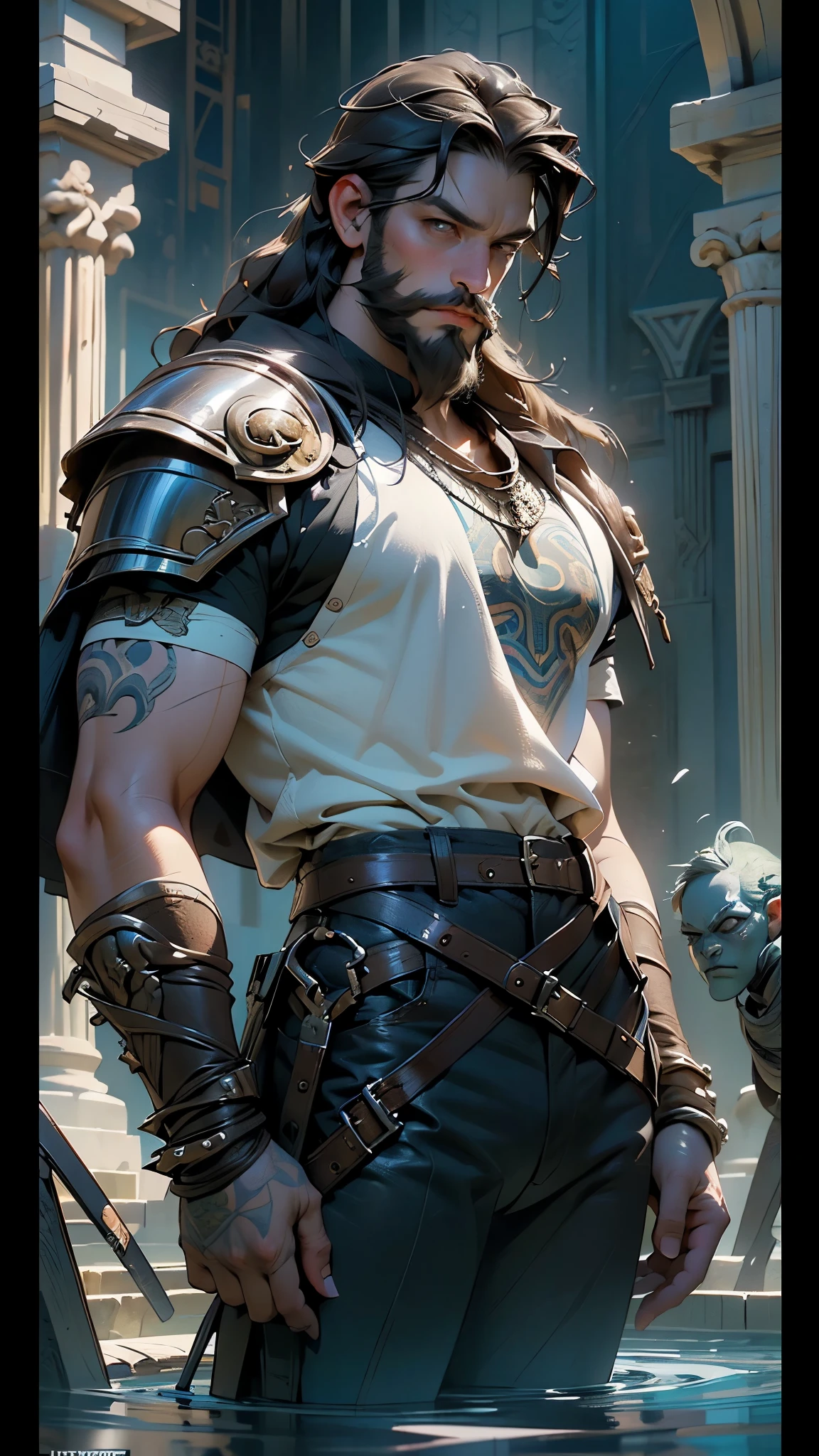 ((male dwarf:1.5,1dwarf:1.5,male dwarven,,very robust)),,((long beard,long hair,graying ginger beard,very long beard,,brown hair,brown beard,long beard)),(barbarian,tattoo),(fierce expression),(((short stature:1.5, big nose))),a very strong fantasy dwarf, sooty skin, long and thick beard and mustache, very stout, steely eyes, ugly face, very muscular, wearing sleeveless leather armor, armor spikes, gruff expression, holding a large maul hammer, wearing a tool belt,piercing gaze,

(((brown_eyes:1.3))),intricate eyes,symmetrical eyes, 

((leather armor,cape,majestic,madness,old-fashioned)),giant hammer, war hammer,((black pants,bulge in pants)),

(dynamic pose:1.0),(centered,scale to fit dimensions,Rule of thirds,cowboy shot),

((beautiful bath house made of greek marble and pillars, beautiful clear water in pool)),scenery:1.25,((intricate scenery)),((greek temple background)),(Glossy dwarf ornaments),

highres,sharp focus,(ultra detailed,extremely detailed),(photorealistic artwork:1.37),(extremely detailed CG unity 8k wallpaper),(((vibrant colors,vibrant theme))),(intricate,dramatic lighting,spotlight,backlighting),(masterpiece),(best quality),artistic photography,(photography taken by sldr),(intricate background),((intricate detail)),(((realism))),Deep Colors,dark fantasy art,Deep Colors,dark fantasy art,

