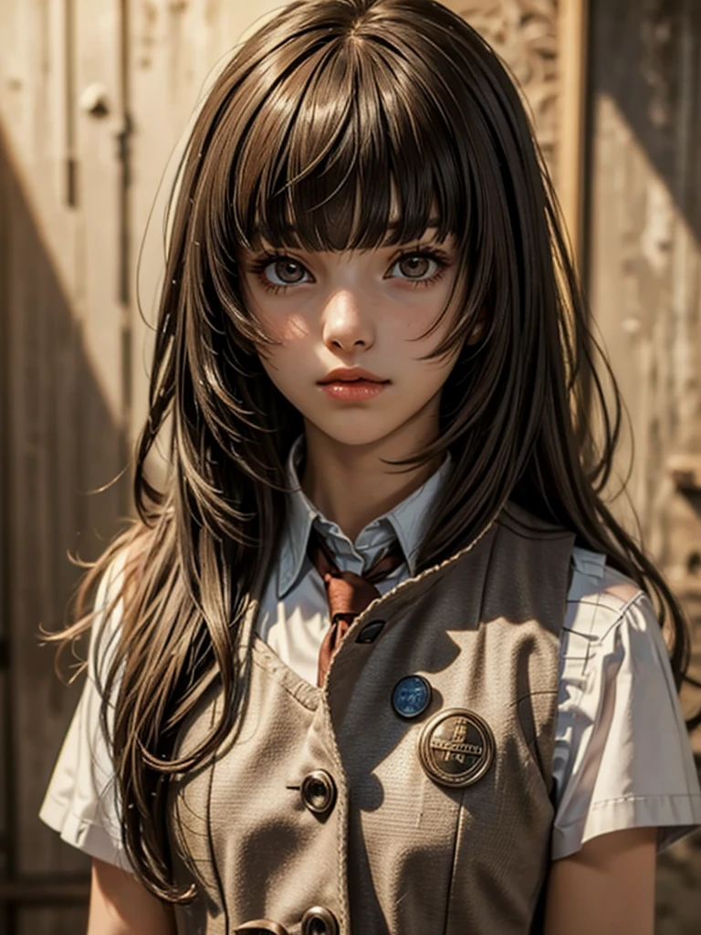 1girl, ((Caucasian)), white girl, older teen, small slender body, ((vest)), dress shirt, long brown hair, bangs, (brown eyes), ((textured bangs)), full lips, (masterpiece, best quality)
