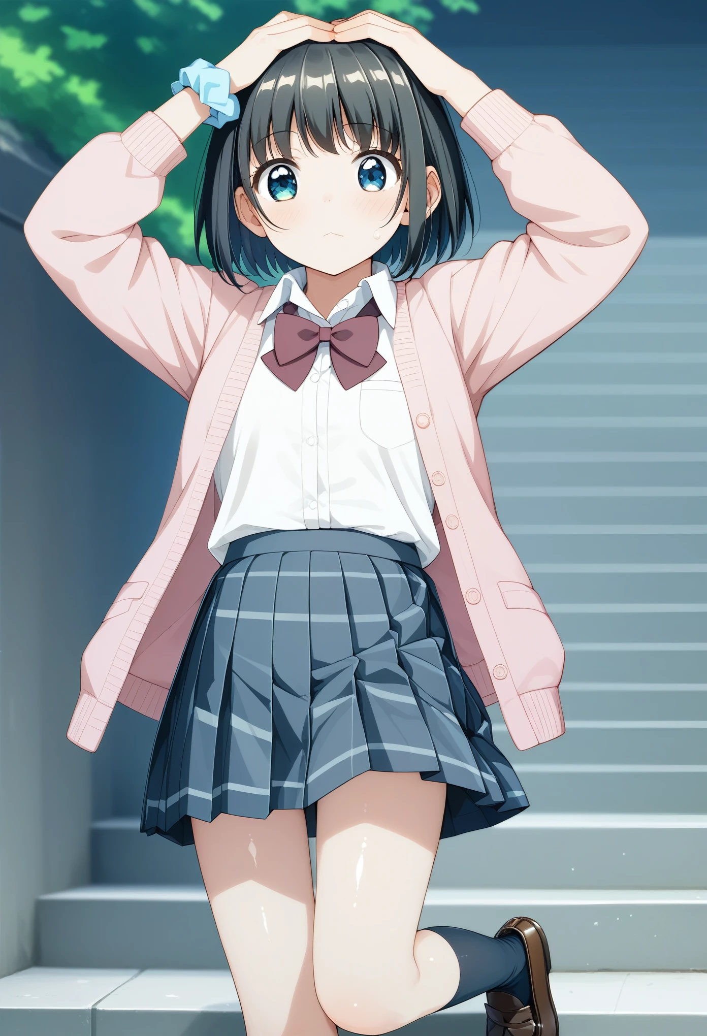 masterpiece, Best Quality,  high definition,  1 girl, skirt, feet ,  Real Skin, shiny skin, shiny skin, 汗ばんだfeet,  high-definition face ,  perfect sentence ,  CG in detail, (Perfect hands,  perfect anatomy),1girl, black hair, Alone, blue eyes, wrist scrunchie, ((((short hair)))), black socks, school uniform, black skirt, bangs, pleated skirt, red bow, (((pink cardigan))), long sleeves, bowtie, white shirt, miniskirt, white sweater、(( face close up))、((Straight face))、(feetの描画を正確に)、(((( or))))、 white wet panties、(( brown loafers))、((( street snap with hands on head)))、((Solar))