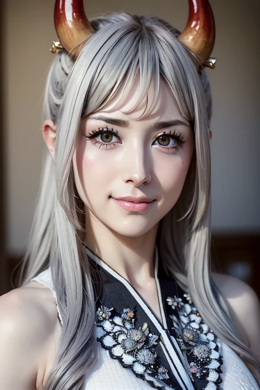 (masterpiece, Best Quality),  intricate details , (Best Quality)), ((masterpiece)),  fractal art:1.2),  1 girl, Yamato, Gray Hair, horn, extreme detailed ed eyes , colorful, Highest Details,  bright color,  high-contrast , looking at viewer, smile,