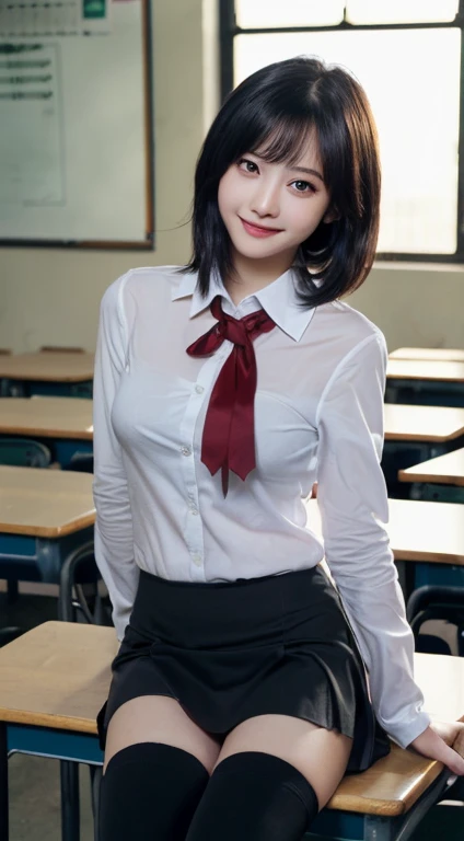 8k RAW photo, High resolution, A cool 21 year old Korean, Big round breasts, , tie, tie ribbon, blazer, skirt, Beautiful eyes in every detail, Long eyelashes, Beautiful double eyelids, eye shadow, Long, narrow eyes, Three white eyes, Heavy eye makeup, Wicked Smile, Beautiful slim legs, Short hair tied back, Earrings, School classroom
