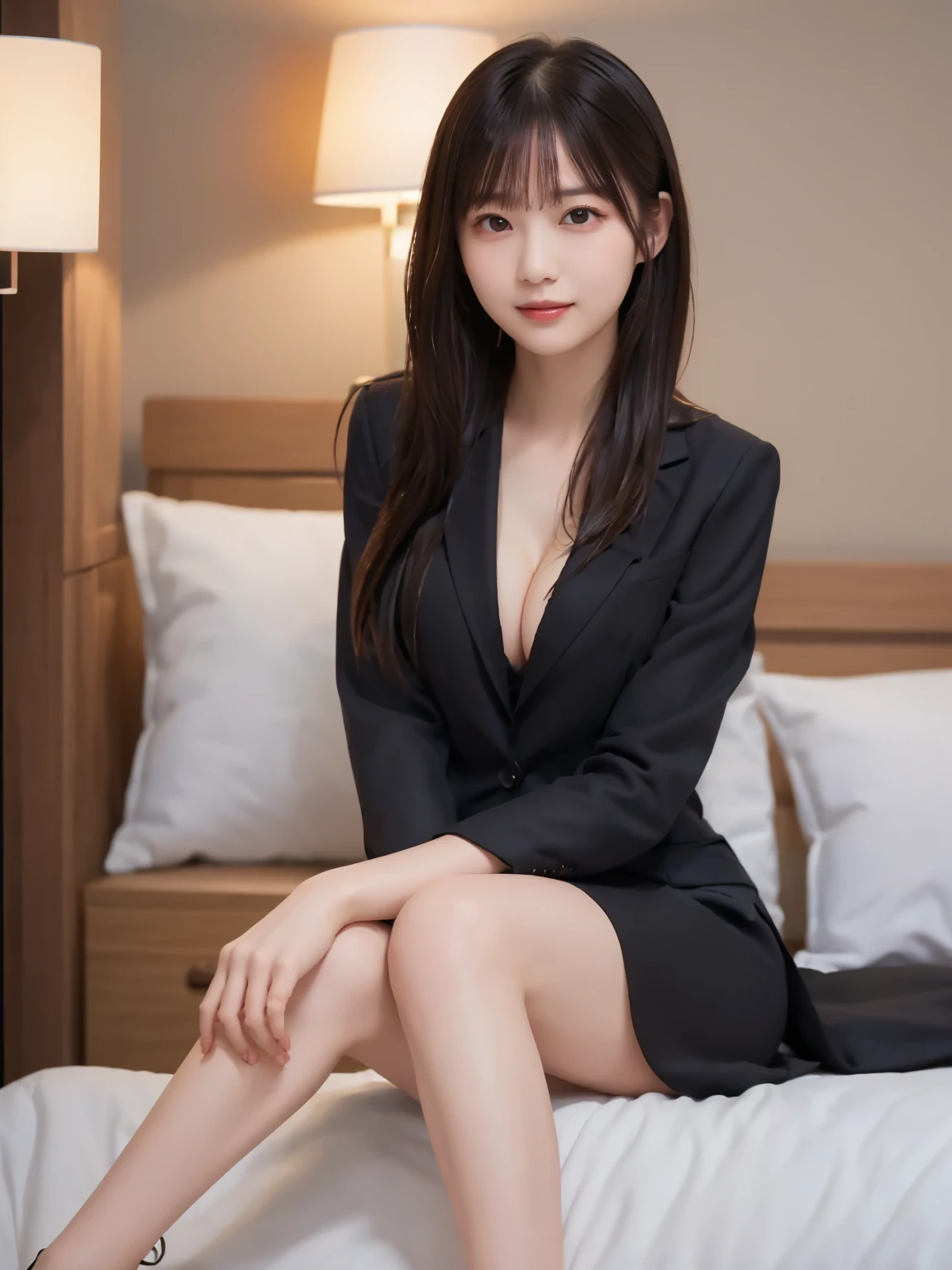 (Slender women : 1.8), (suit : 2.0), ( firm chest : 1.2), (Long beautiful legs : 1.3), smile, Complex and beautiful eyes, woman, (black longカールhair : 1.7)、(Delicate and realistic hair、1 bottle１Realistic hair)、bangs, Natural Color Lip, smile、(bed : 2.0)、indoor、((18歳woman:1.2))、Young and adorable Japanese face, Official Art, Highly detailed CG Unity 8k wallpaper, (masterpiece:1.0), (Best Quality:1.0), 超High resolution,4K, Very detailed, photo shoot, 8k, High resolution, Kodak Portrait 400, Film Grain, Lens flare glow, 高いest quality, 8k, (nsfw:1.2), Portrait Shot, 8k、Show Viewer, (((Front View))), ((Facing))、Body facing forward, Bold cleavage, Firm breasts、(Small face : 1.3), Highest quality, Super beautiful images, ( crosses legs : 1.5)