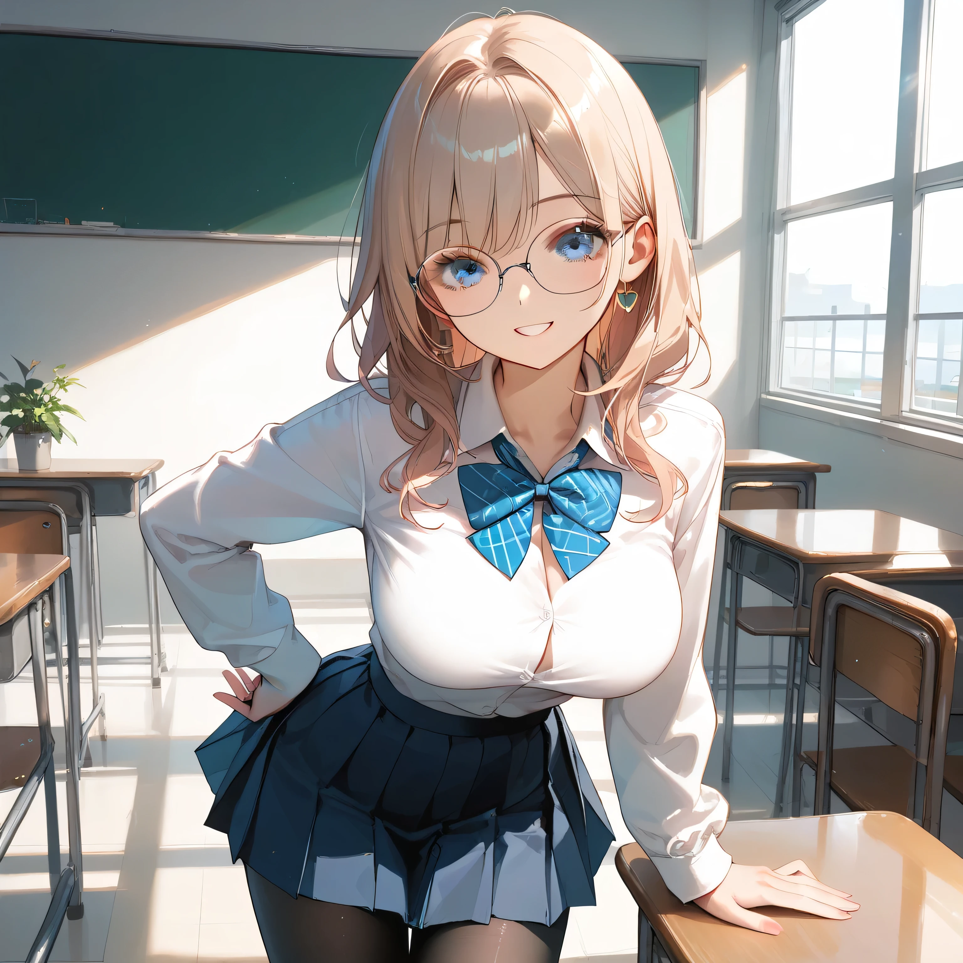 score_9, score_8_up, score_7_up,Top quality anime,,masterpiece, 1 girl,slim, big breasts,( Ideal slender proportions),(black_length_hair,Straight_Front hair, school uniform ,matted black tights),(,joy:1.2)、 Libraries 、Barely、Glasses、Bronze Hair、 blue eyes