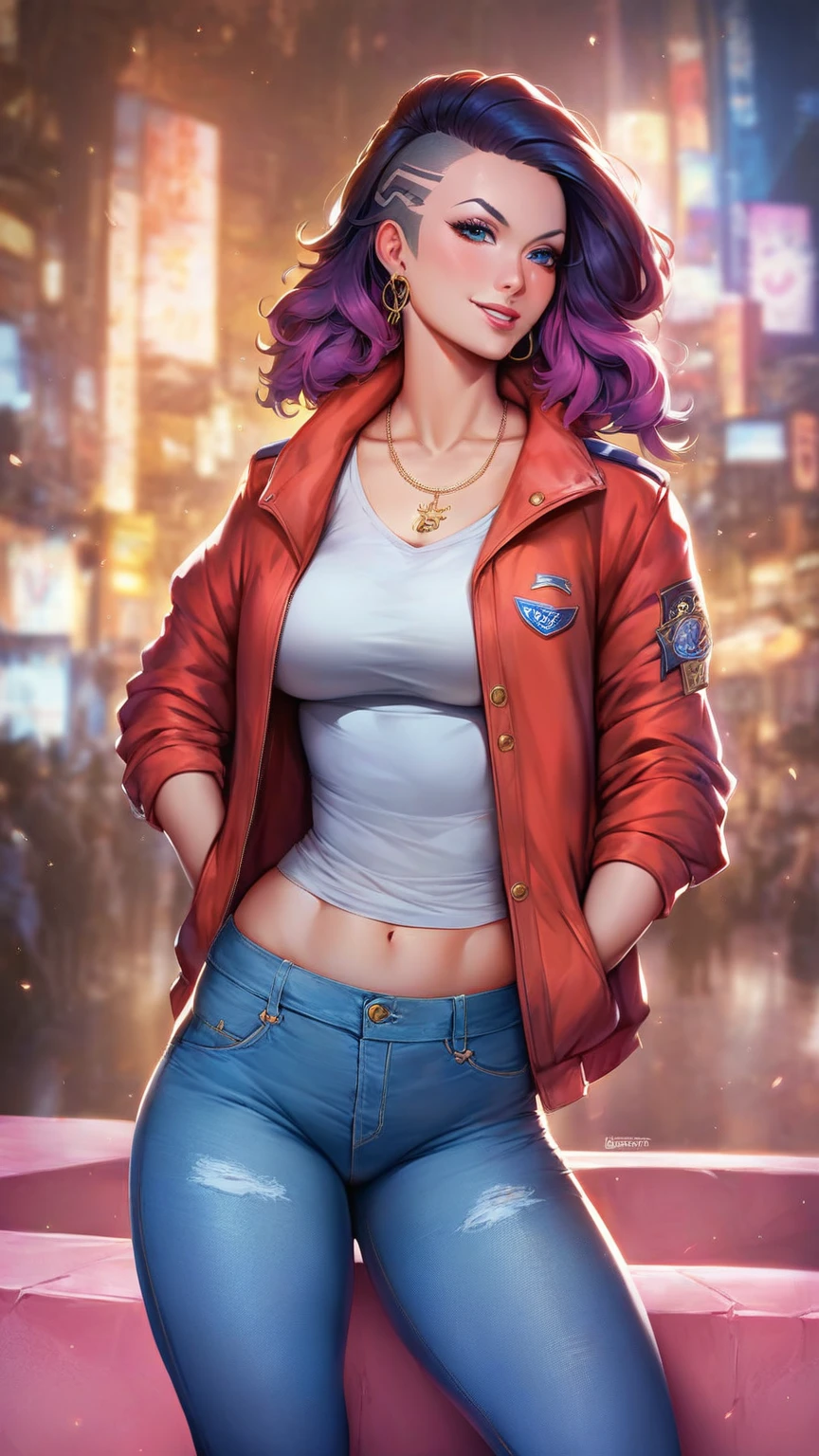 arafed woman in jeans and a jacket posing for a picture, cyberpunk art inspired by Ross Tran, trending on Artstation, street art, fully clothed. painting of sexy, casual pose, ross tran style, cyberpunk 2 0 y. o model girl, in the style of ross tran, deviantart artstation cgscosiety, realistic shaded perfect body
