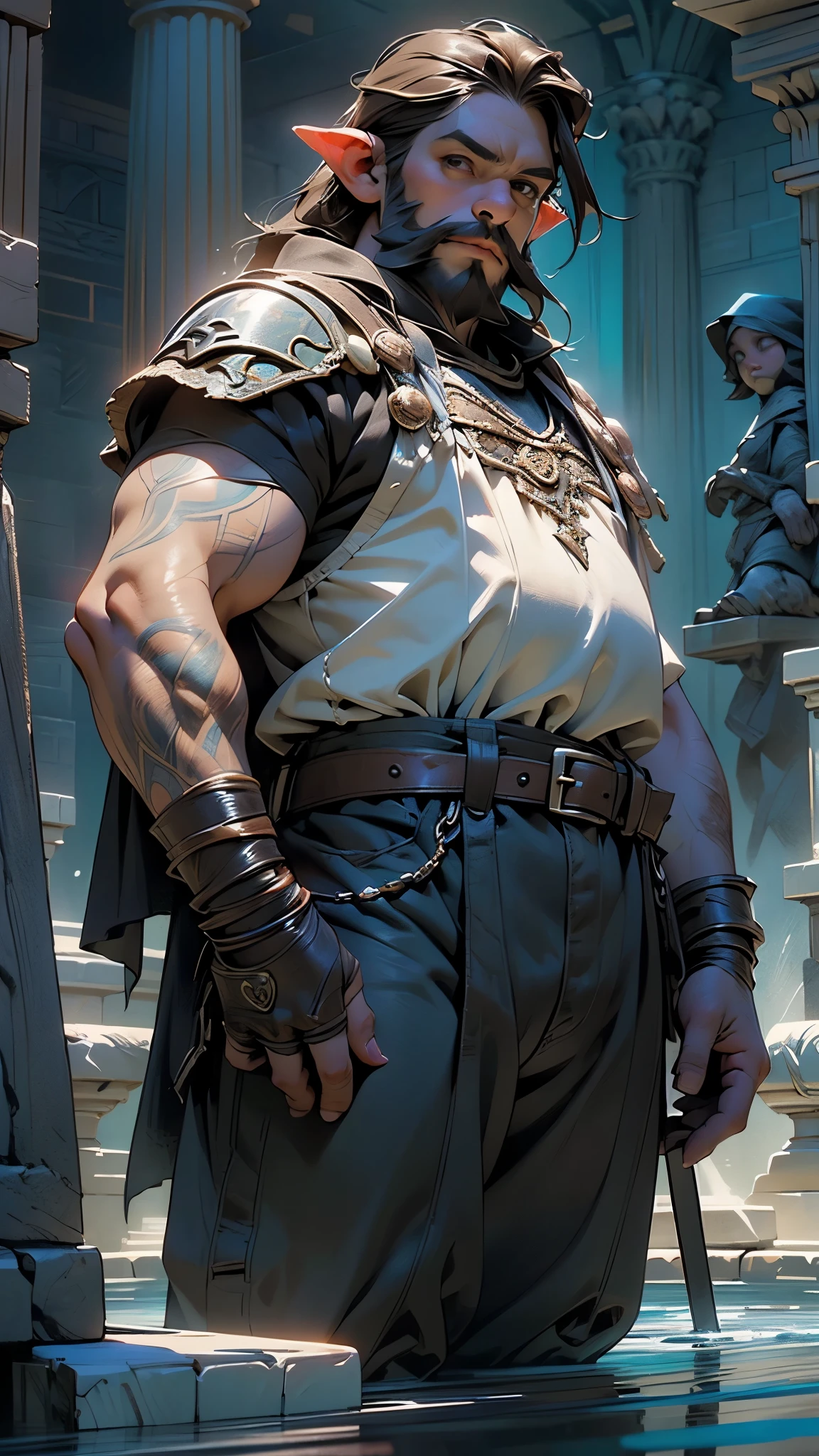 ((male (dwarf:1.5),(1dwarf:1.5),male dwarven,very robust,(dwarven))),,((long beard,long hair,graying ginger beard,very long beard,,brown hair,brown beard,long beard)),(barbarian,tattoo),(fierce expression),(((short stature:1.5, big nose))),a very strong fantasy dwarf, sooty skin, long and thick beard and mustache, very stout, steely eyes, ugly face, very muscular, wearing sleeveless leather armor, armor spikes, gruff expression, holding a large maul hammer, wearing a tool belt,piercing gaze,

(((brown_eyes:1.3))),intricate eyes,symmetrical eyes, 

((leather armor,cape,majestic,madness,old-fashioned)),giant hammer, war hammer,((black pants,bulge in pants)),

(dynamic pose:1.0),(centered,scale to fit dimensions,Rule of thirds,cowboy shot),

((beautiful bath house made of greek marble and pillars, beautiful clear water in pool)),scenery:1.25,((intricate scenery)),((greek temple background)),(Glossy dwarf ornaments),

highres,sharp focus,(ultra detailed,extremely detailed),(photorealistic artwork:1.37),(extremely detailed CG unity 8k wallpaper),(((vibrant colors,vibrant theme))),(intricate,dramatic lighting,spotlight,backlighting),(masterpiece),(best quality),artistic photography,(photography taken by sldr),(intricate background),((intricate detail)),(((realism))),Deep Colors,dark fantasy art,Deep Colors,dark fantasy art,

