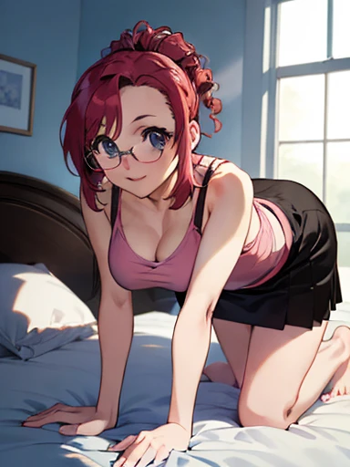 ((Anime Style))、Upper Body、Redhead、(woman１people)、若いwoman、beautiful長い脚、beautiful体、beautiful鼻、Perfect Eyes、Perfect Face、Perfect Legs、Perfect balance、(beautiful、Large Breasts:1.5)、large ass, medium thighs, (beautiful顔:1.5)、(Narrow waist)、Perfect lighting、colorful、Bright front light、Glowing Skin、 (masterpiece:1.0)、((High resolution))、((Best Quality))、((4K))、(Normal hand)、(Anatomically correct hand)、(Accurate hands)、(Accurate feet)、break、Side Lock、jewelry、Red vest、mini skirt、break、Black Skirt、 tank top、Glasses、break、(On the bed)、(On all fours), break、pretty face, eye wrinkle