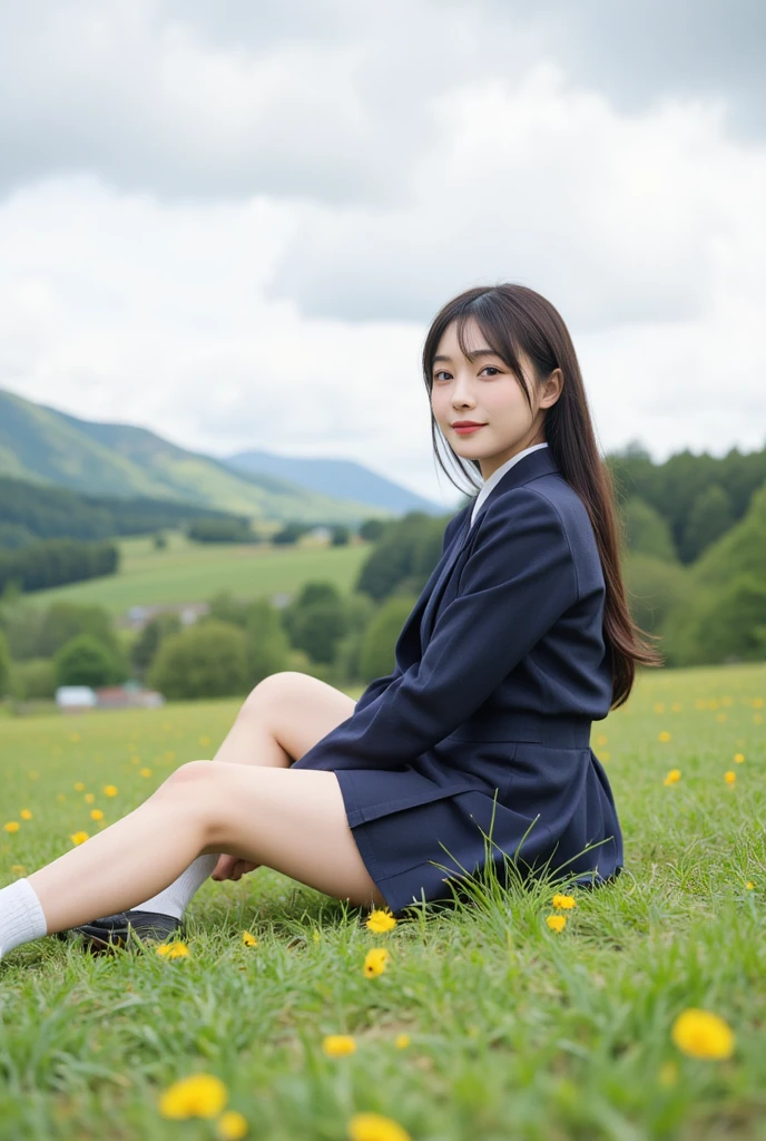 potrait of Photorealistic three-quarter view of Japanese high school girl, showing more facial features while maintaining side angle. Natural long black hair tied back with straight bangs, fair skin, gentle dreamy smile. Wearing traditional seifuku uniform navy with red ribbon white sock and black shoe, sitting with legs stretched out on vibrant green hillside dotted with small wildflowers. Natural summer backdrop with bright sky and soft white clouds. High-end photography style, shallow depth of field, soft natural lighting, cinematic composition with pastel color grading while maintaining realism