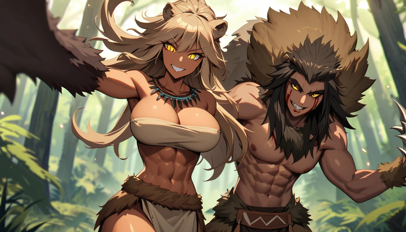 duo, lion woman, very tall, broad shoulders, muscular, bulky body, long hair, cavewoman, prehistoric, large beast claws, large breasts, forest, smile, toned, abs, curvaceous, slit pupils, yellow eyes, barbarian, pelt clothes, leather, satisfied, tribal ornaments, black-brown hair, light brown hair, blood:1.3, fighting, depth of field, pov, medium shot