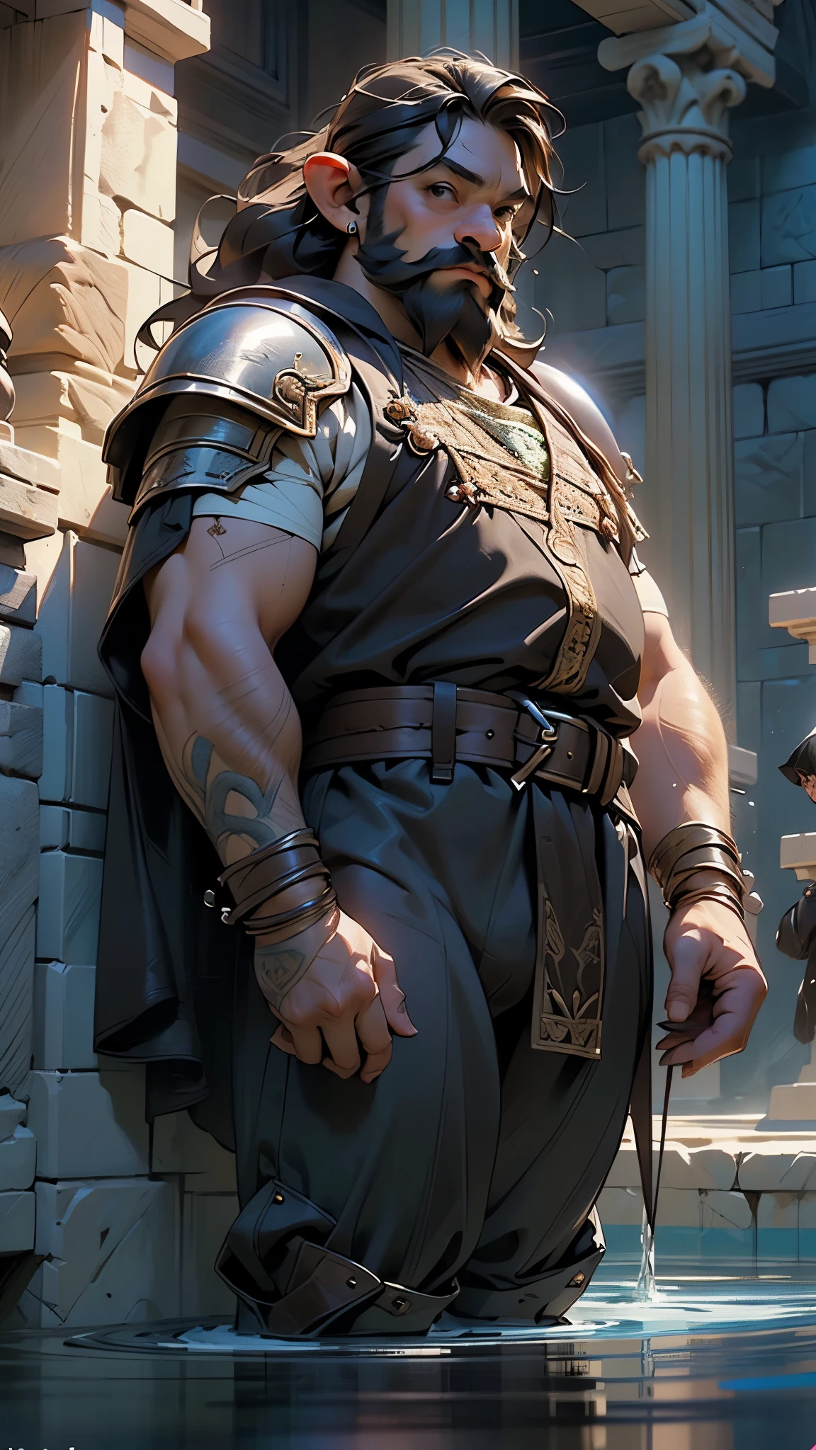 ((male (dwarf:1.5),(1dwarf:1.5),male dwarven,very robust,(dwarven))),,((long beard,long hair,graying ginger beard,very long beard,,brown hair,brown beard,long beard)),(barbarian,tattoo),(fierce expression),(((short stature:1.5, big nose))),a very strong fantasy dwarf, sooty skin, long and thick beard and mustache, very stout, steely eyes, ugly face, very muscular, wearing sleeveless leather armor, armor spikes, gruff expression, holding a large maul hammer, wearing a tool belt,piercing gaze,

(((brown_eyes:1.3))),intricate eyes,symmetrical eyes, 

((leather armor,cape,majestic,madness,old-fashioned)),giant hammer, war hammer,((black pants,bulge in pants)),

(dynamic pose:1.0),(centered,scale to fit dimensions,Rule of thirds,cowboy shot),

((beautiful bath house made of greek marble and pillars, beautiful clear water in pool)),scenery:1.25,((intricate scenery)),((greek temple background)),(Glossy dwarf ornaments),

highres,sharp focus,(ultra detailed,extremely detailed),(photorealistic artwork:1.37),(extremely detailed CG unity 8k wallpaper),(((vibrant colors,vibrant theme))),(intricate,dramatic lighting,spotlight,backlighting),(masterpiece),(best quality),artistic photography,(photography taken by sldr),(intricate background),((intricate detail)),(((realism))),Deep Colors,dark fantasy art,Deep Colors,dark fantasy art,

