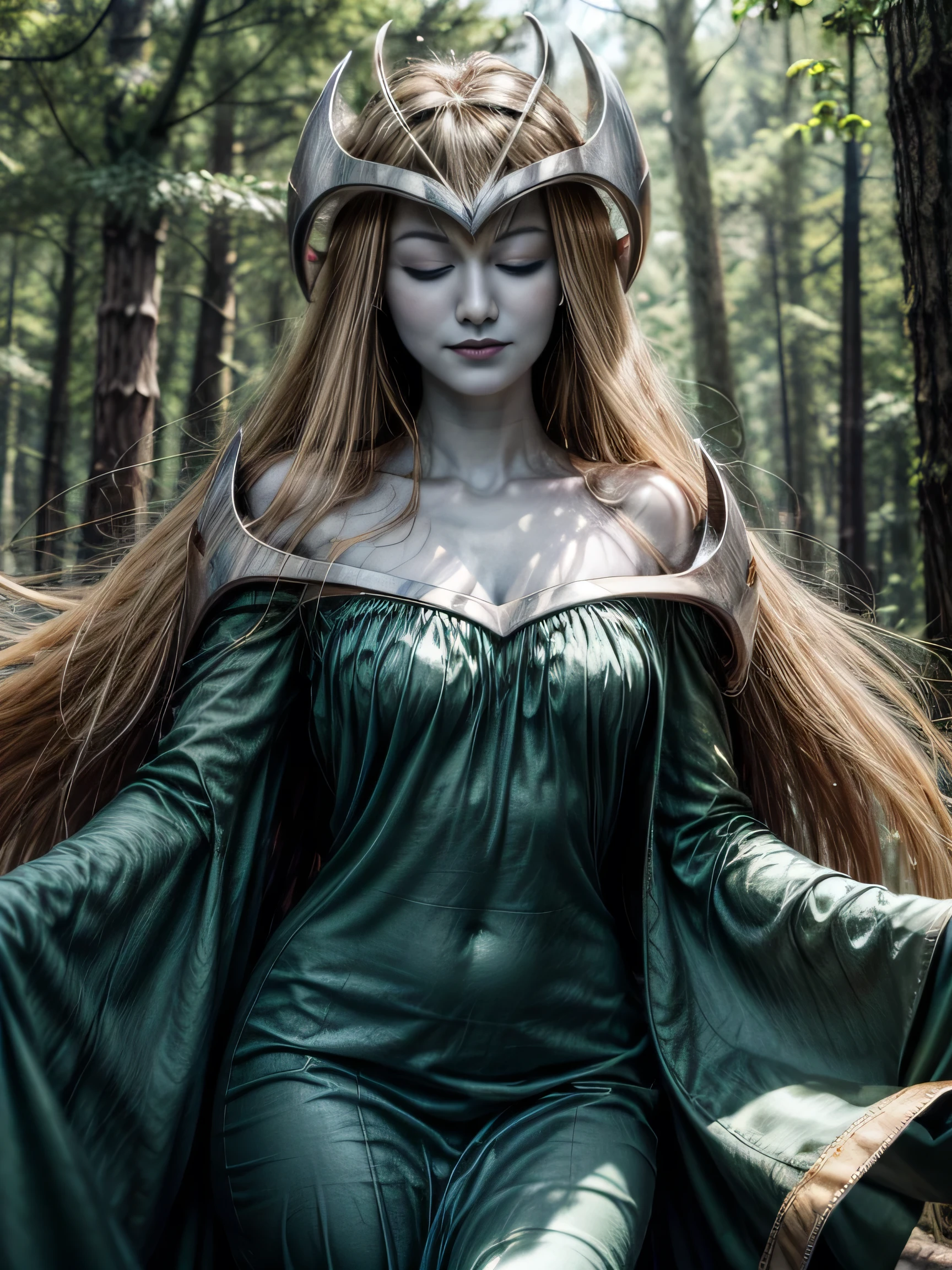 mysticalygo, mystical elf, smile, medium breasts, closed eyes, green dress, long skirt, blue skin, blonde hair, long hair, forest, Yugioh,