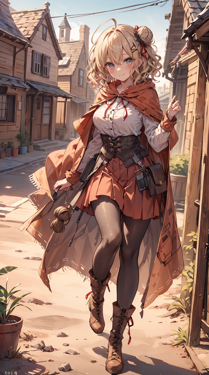 masterpiece, 1 girl, sparrow, a blonde haired girl, wearing a medieval villager clothes, curly medium hair, messy hair, slim body, he close her left eye, shirt ornament, ruby eyes, ahoge, baby face, long sleeves, beautiful eyes, boots, droopy eyes, her age is 19, nagisa_bluearchive, innocent face, medium hair, curly hair, MongolPunkAI, big breasts, view from right down, she tease you, lend a hand to you, she very close to you, rainbow_one, farmer clothes, pleated skirt, crocth tattoo, innocent smile, medieval basement, hair ribbon, twin hair bun, innocent smile, red skirt, red hood, red capelet, red riding hood girl, wearing her hood, white pantyhose, medieval village house, wooden house