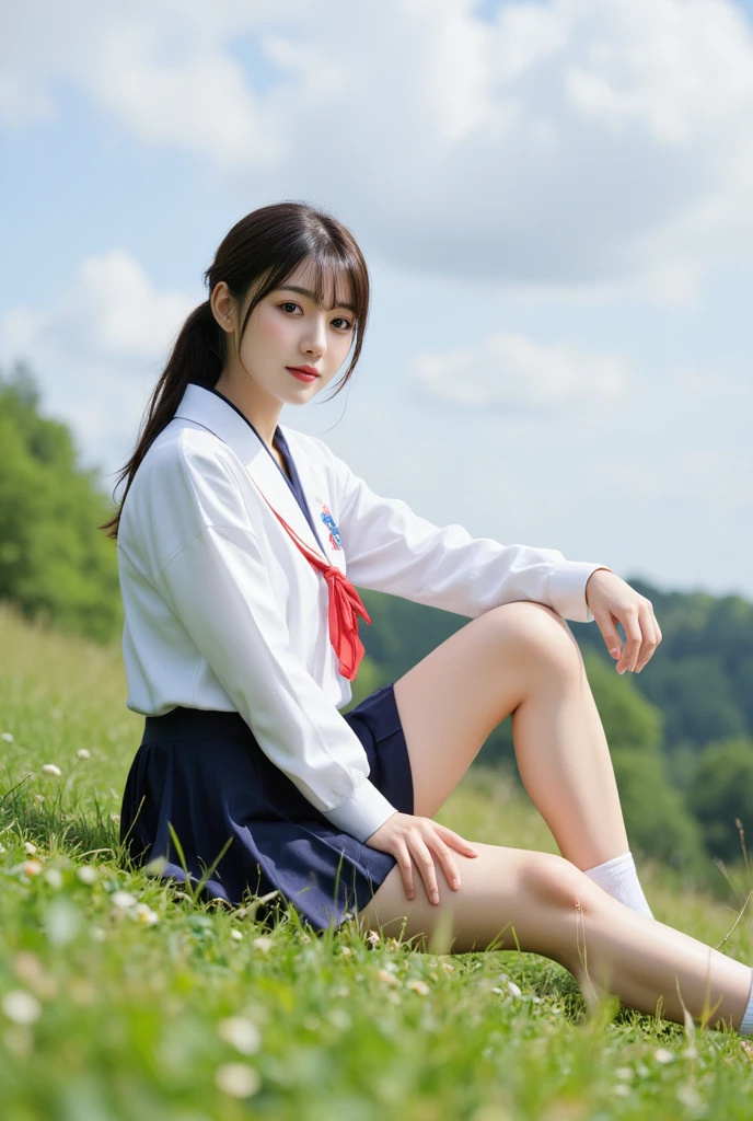 potrait of Photorealistic three-quarter view of Japanese high school girl, showing more facial features while maintaining side angle. Natural long black hair tied back with straight bangs, fair skin, gentle dreamy smile. Wearing traditional seifuku uniform navy with red ribbon white sock and black shoe, sitting with legs stretched out on vibrant green hillside dotted with small wildflowers. Natural summer backdrop with bright sky and soft white clouds. High-end photography style, shallow depth of field, soft natural lighting, cinematic composition with pastel color grading while maintaining realism