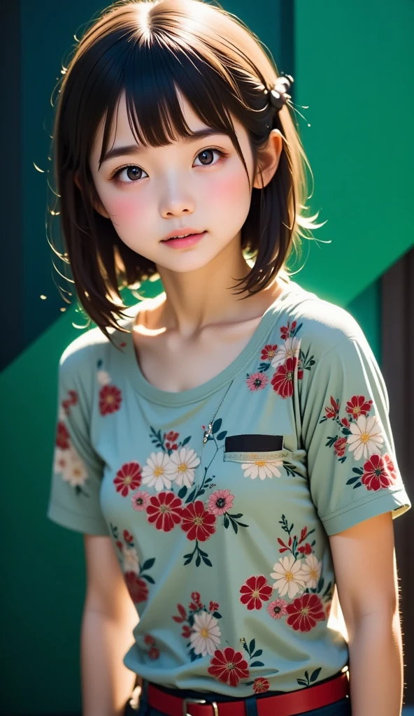 Geometric background :1.3、  dark color、  cute girl hair、  Look Away  、Printed shirt、Picasso painting t-shirt 、  loose clothes  、Retro、Best Quality、Super detailed、  High quality details 、green