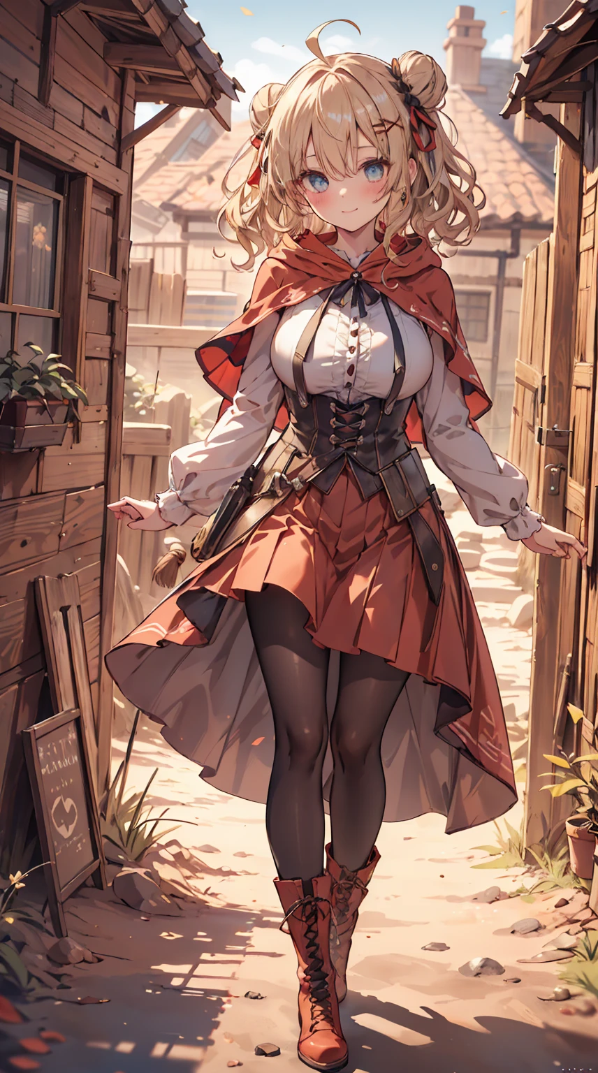 masterpiece, 1 girl, sparrow, a blonde haired girl, wearing a medieval villager clothes, curly long hair, messy hair, slim body, he close her left eye, shirt ornament, ruby eyes, ahoge, baby face, long sleeves, beautiful eyes, boots, droopy eyes, her age is 19, nagisa_bluearchive, innocent face, medium hair, curly hair, MongolPunkAI, big breasts, view from right down, she tease you, lend a hand to you, she very close to you, rainbow_one, farmer clothes, pleated skirt, crocth tattoo, innocent smile, medieval basement, hair ribbon, twin hair bun, innocent smile, red skirt, red hood, red capelet, red riding hood girl, wearing her hood, white pantyhose, medieval village house, wooden house