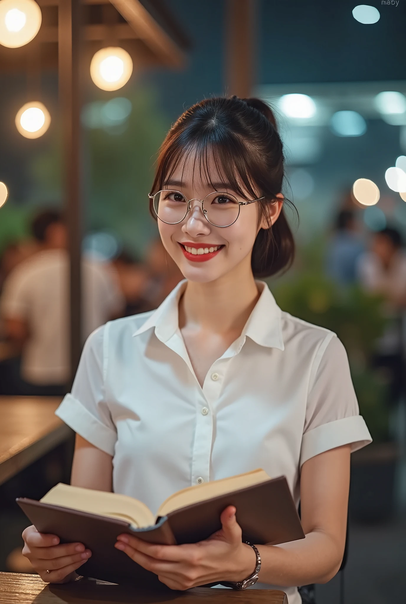 (A gorgeous Eurasian lady, age 28, a professional high-school teacher wearing formal office attire, short-sleeve white shirt with pockets & buttons, pencil mini-skirt, sitting to read a book in a outdoor cafe, friendly, gentle, feminine, metal-frame spectacles, kind smile, dimpled cheeks, cute snaggle-tooth, short hair ponytail, bob hair trimmed, symmetrical face, beautiful detailed face, bright_and_full_of_warmth_eyes, detailed eyes, ample round bosom, Award-winning, photorealistic, hyper-realism, high contrast, ultra HD, realistic skin textures, top image quality, top-quality, super high resolution, fine details, very meticulously, masterpiece, High angle shot, Candid shot, positive affirmation, serene ambience, bokeh night background, SFW)