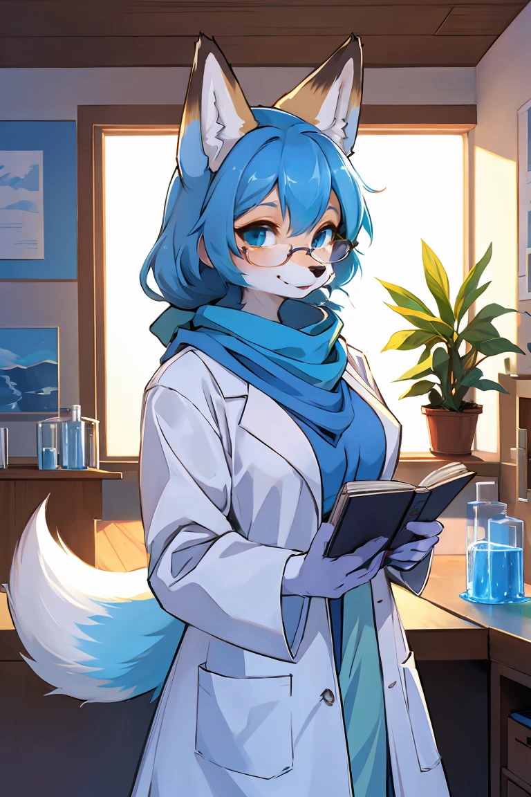 furry,fox_girl,Anime character with Arctic Fox ears wearing lab coat and blue scarf,Arctic Fox，Fluffy blue fur and blue tail, Half Framed Glasses ,穿着白大褂的Arctic Fox美女,  Fox House ， Laboratory Interior ,  Professional furry painting 