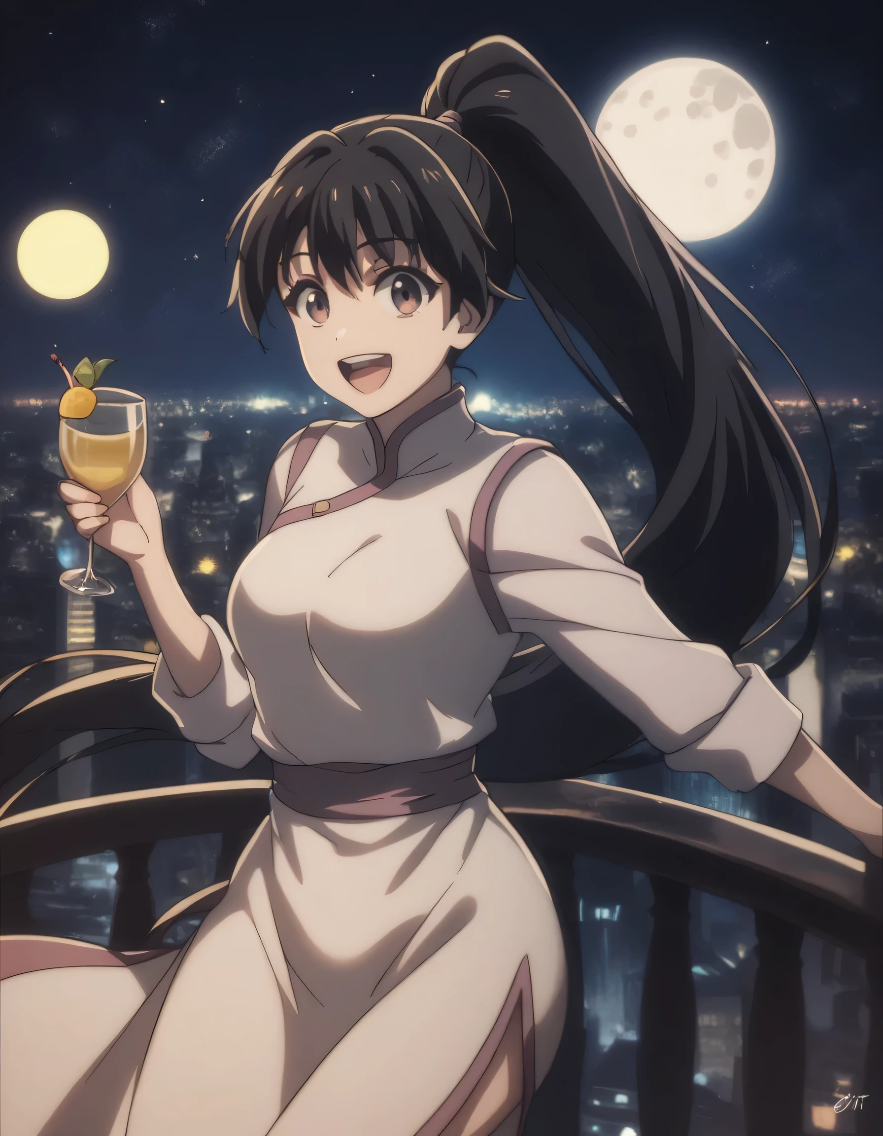 score_9, score_8_up, score_7_up, gsfghtr, long ponytail hair, black hair, white bodycon dress, 1girl, sweet smile, open mouth, night, party, city view, moon, starry sky