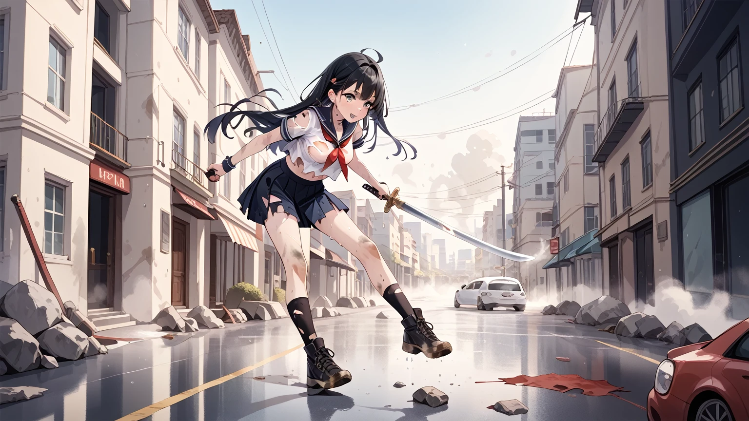 Long Black Hair, Sailor Clothes, Torn Clothes, Dirty Clothes, Stained Clothes, Sweating, Drenched, holding a very large sword, in a destroyed city with smoke everywhere, 1 Girl,